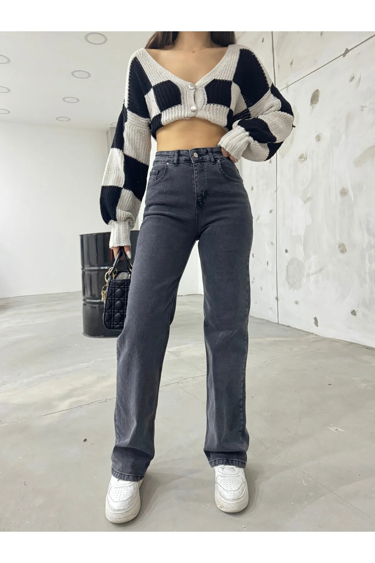 BİKELİFE  Geräucherte, dehnbare Lycra-Jeans mit weitem Bein und hohem Bund für Damen