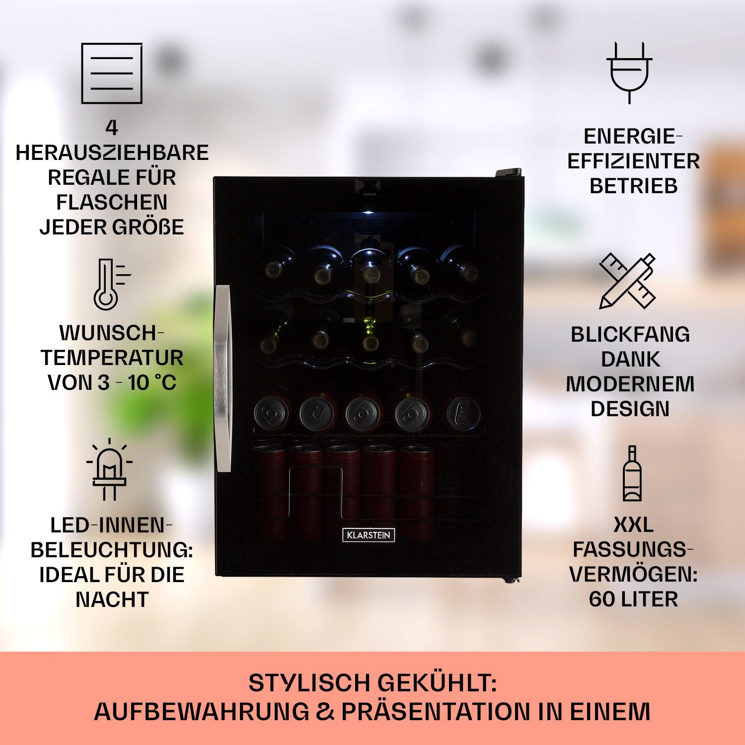 Klarstein Getränkekühlschrank HEA-BeersafeXL-onyx 10032871A, 63 cm hoch, 47 cm breit, Bier Hausbar Getränkekühlschrank Flaschenkühlschrank Glastür