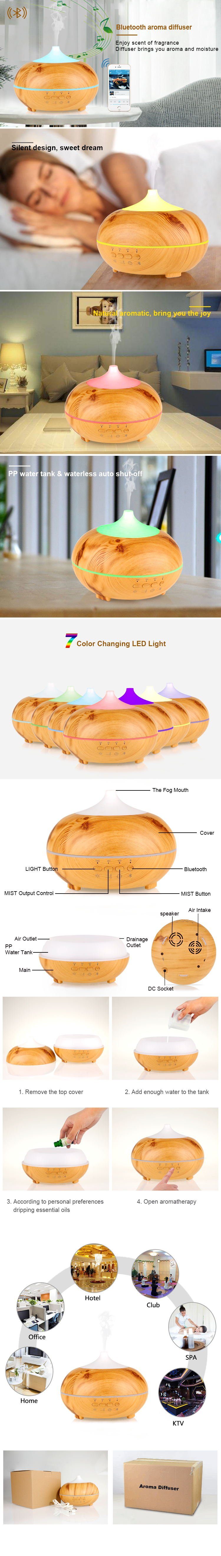 Hyrican Luftbefeuchter DT1818M Aroma-Bluetooth Luftbefeuchter, 300 ml, 7 LED-Farben, 0,3 l Wassertank, Diffuser/Diffusor, Holzoptik, integrierter Bluetooth-Lautsprecher