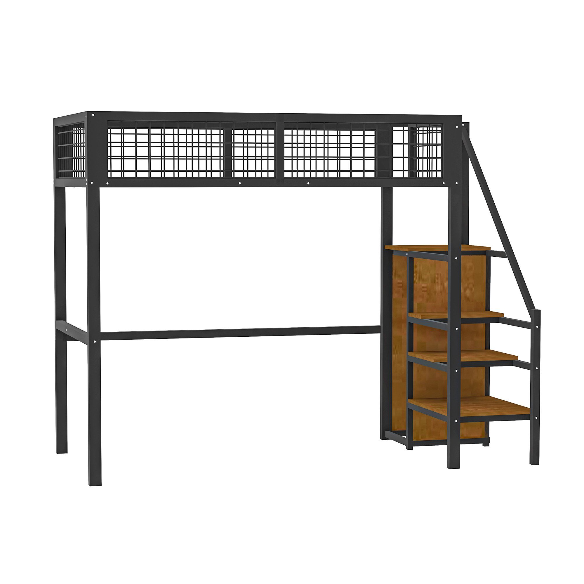 REDOM Metallbett Hochbett Einzelbett Stauraumbett Funktionsbett 90x200 cm (mit Leiter, Kinderbett mit Eisenrahmen und Aufbewahrungsregal, Kleiderschrank), ohne Matratze, Kein Stuhl