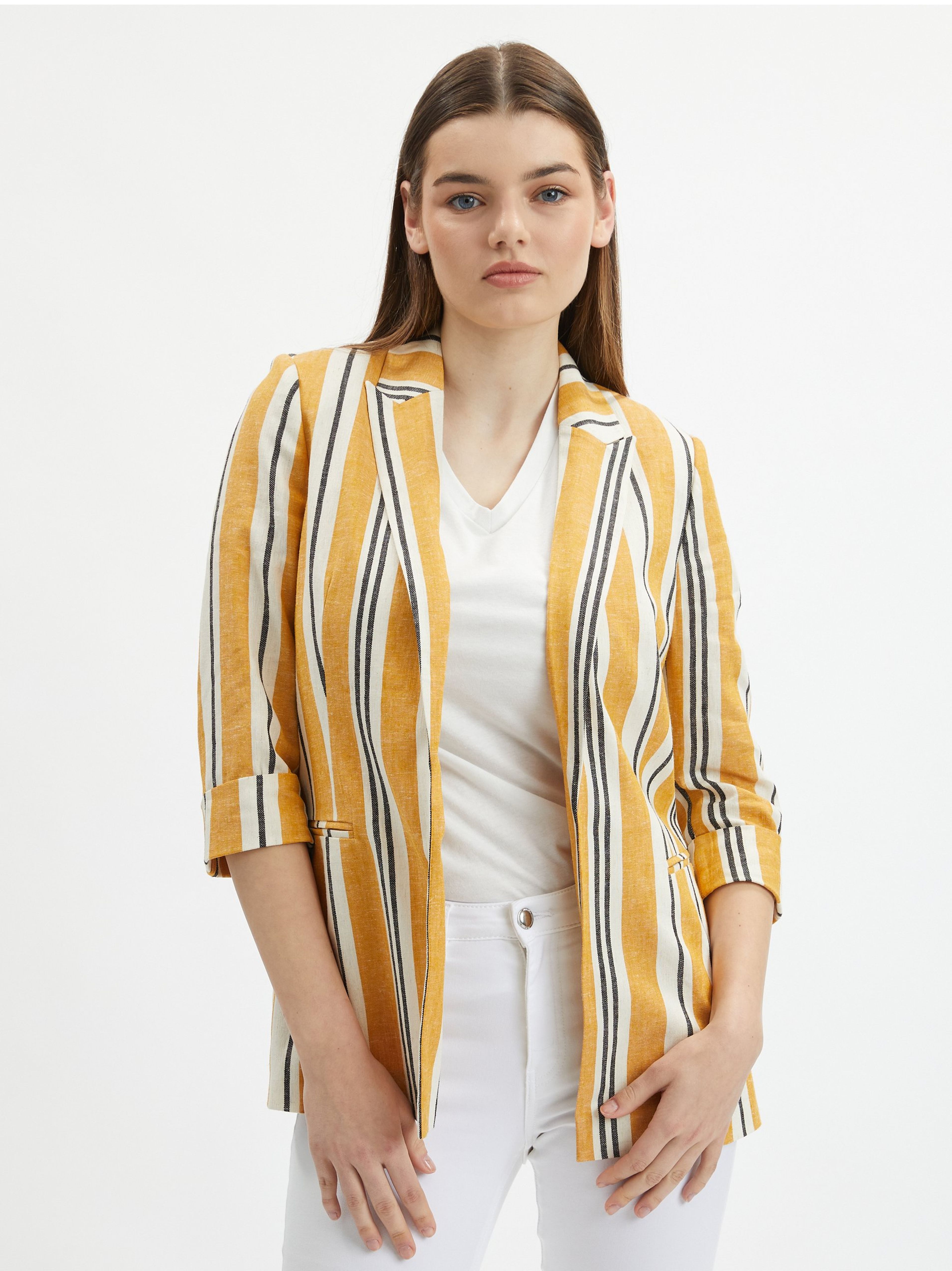 Orangefarbene gestreifte Damen-Leinenjacke ORSAY