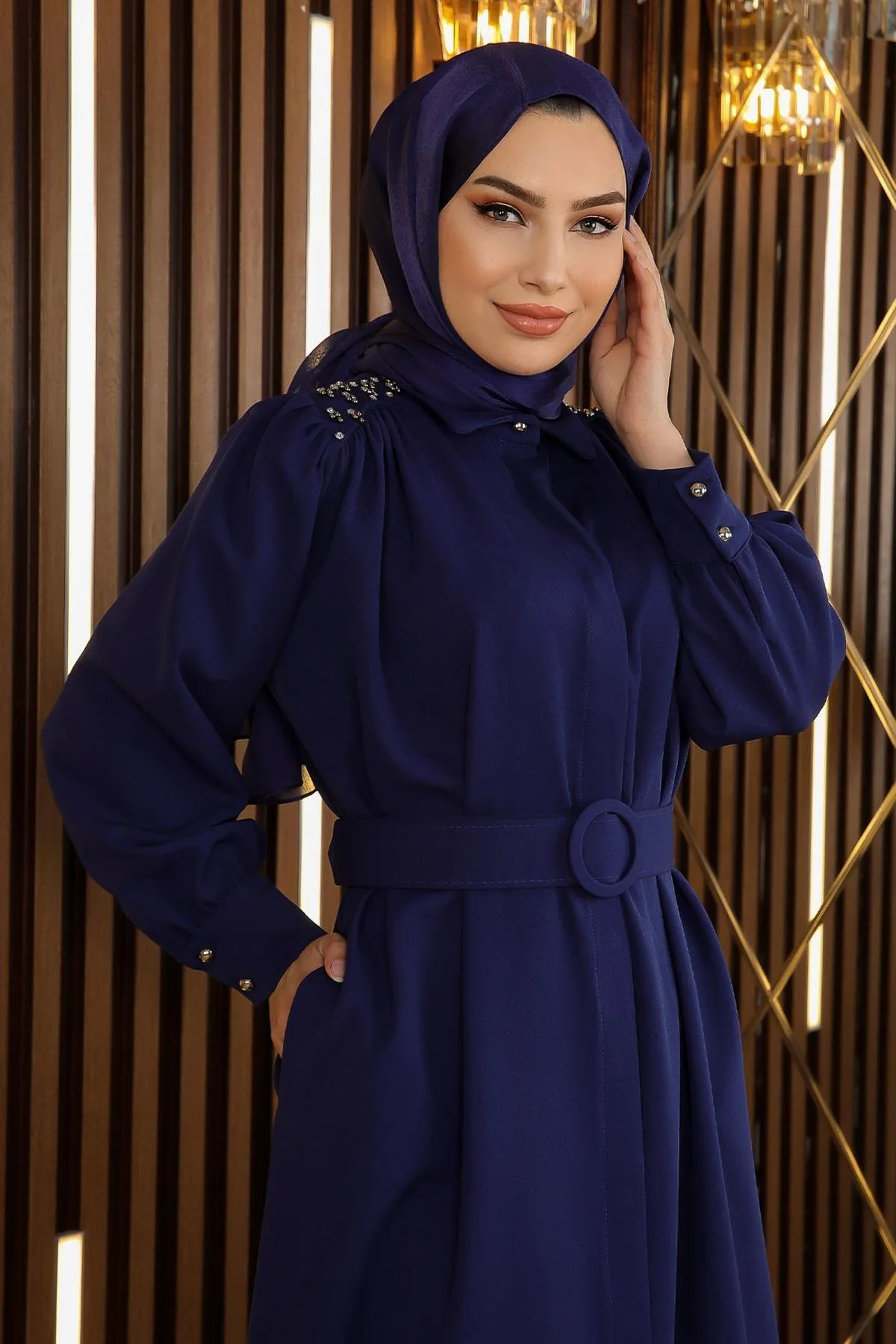 Modamihram  Steindetailliertes Kleid mit Gürtel Indigo 19115