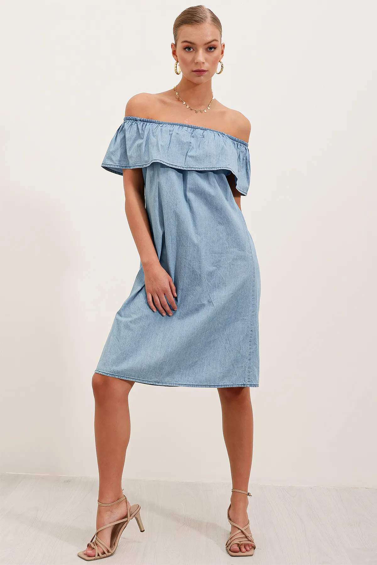 Bigdart  1481 Schulterfreies Jeanskleid – Hellblau
