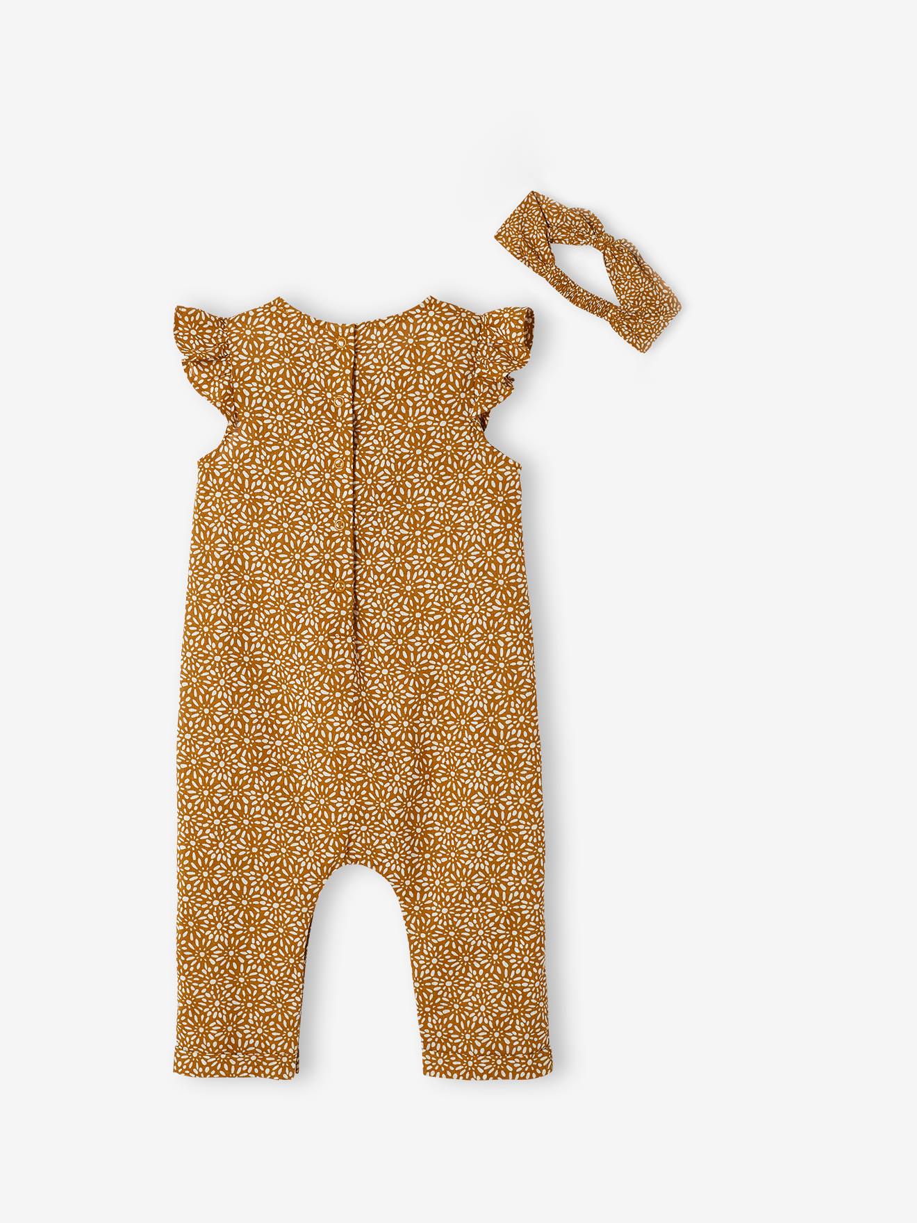 Ensemble combinaison + bandeau imprimés bébé fille caramel