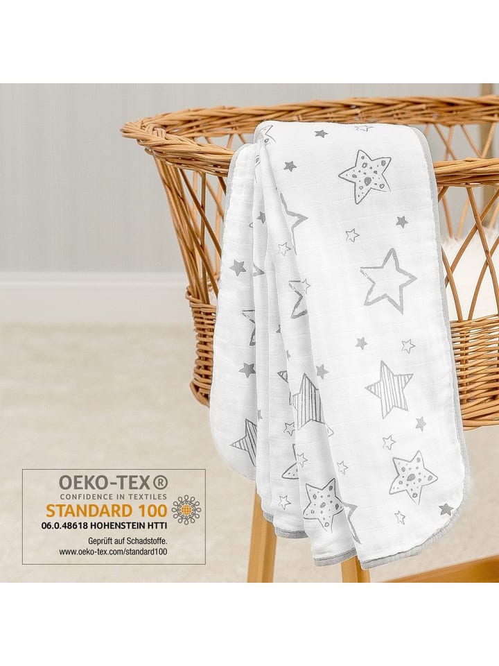 Makian Kuscheldecke Mull 4-lagig 120 x 120 cm - Crazy Stars in weiss,grau günstig kaufen onesize