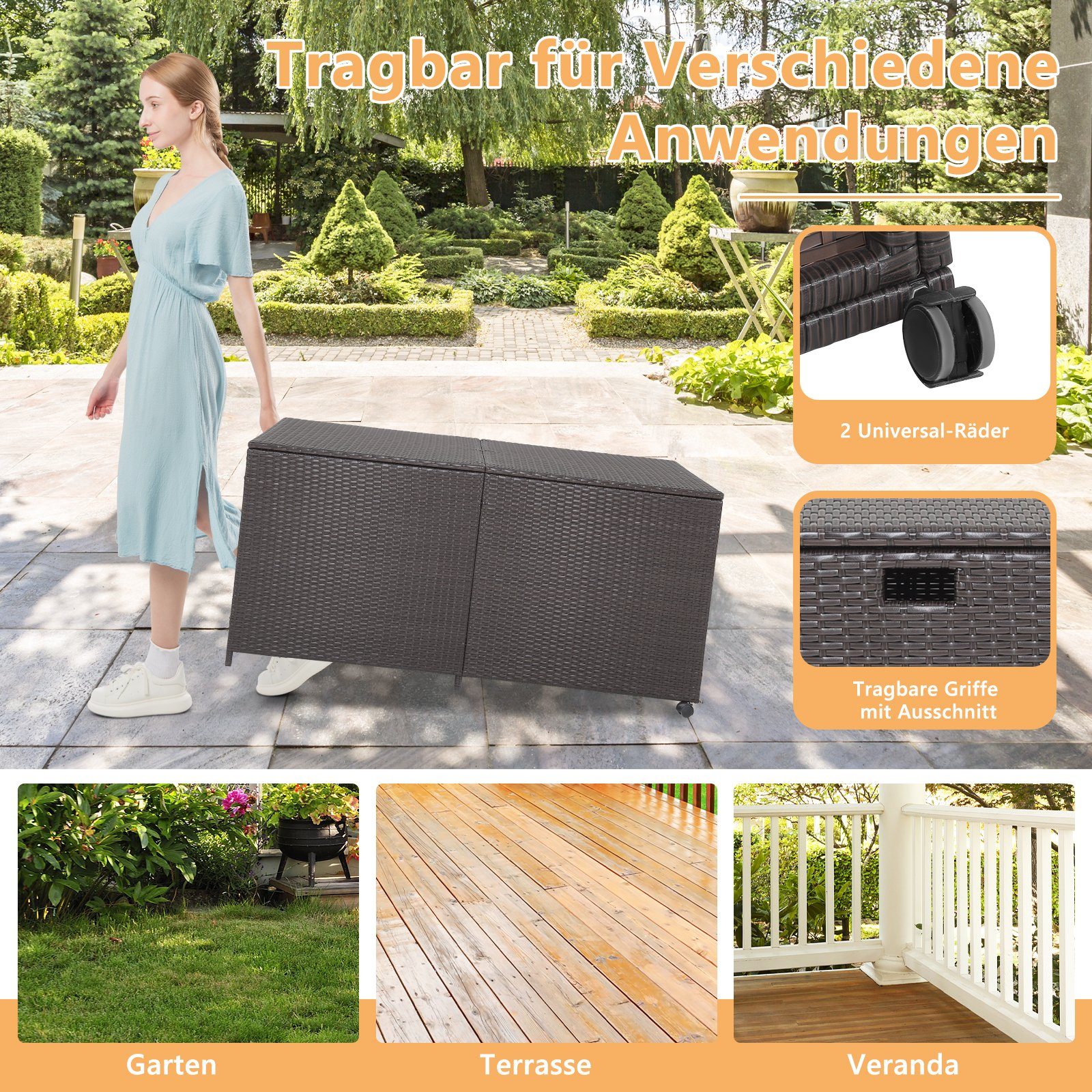 COSTWAY Auflagenbox 662L, wasserdicht, Rattan, mit Rollen, groß, 150x77x73cm