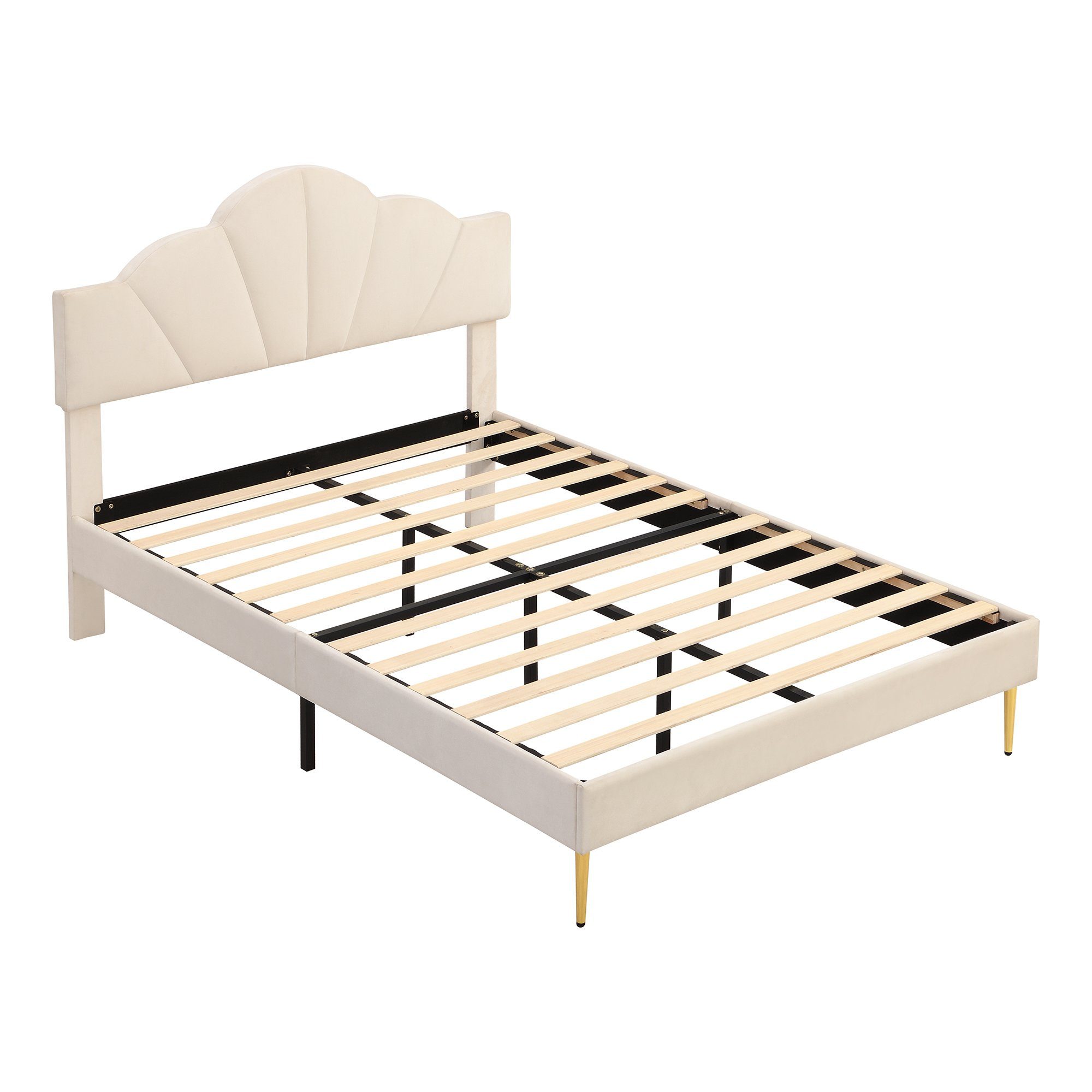 OKWISH Polsterbett muschelartiges Bett (140 X 200 CM Ohne Matratze), Höhenverstellbares Kopfteil,Bett mit goldenen Eisenbeinen