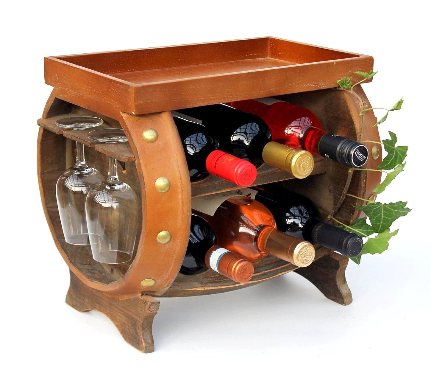 DanDiBo Weinregal Weinregal Holz Weinfass Braun 33 cm 9064 Bar Flaschenregal Flaschenständer Klein Fass Holzfass mit Glashalter