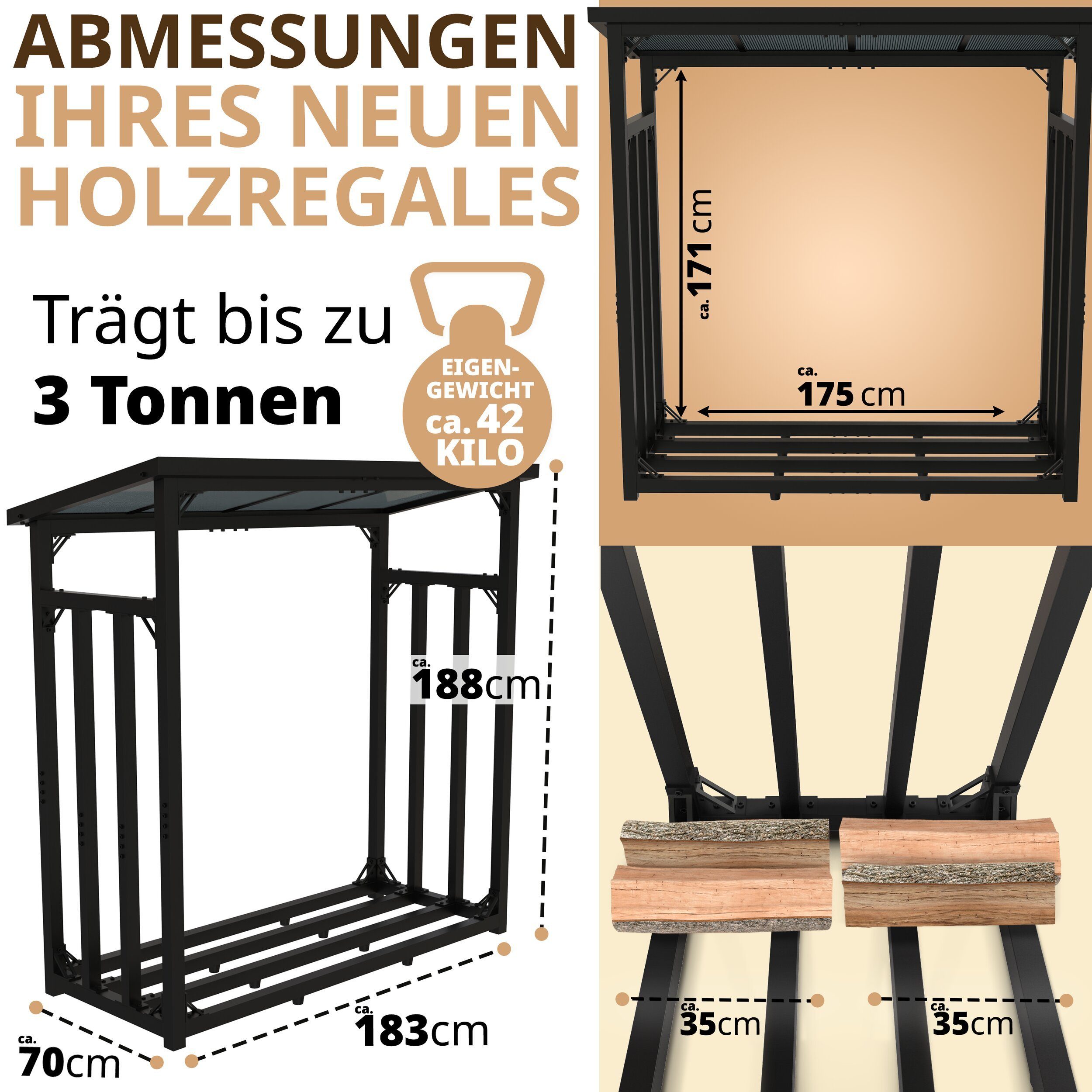 LAWA Living and Lifestyle Kaminholzregal Metall mit Dach VERZINKT Feuerholz Regal Brennholzregal außen 3t, BxTxH:188x70x188 cm, (mit Plane, mit Abdeckung), Stapelhilfe Brennholz, für ca. 2,3³ RM, Stahl, Schwarz