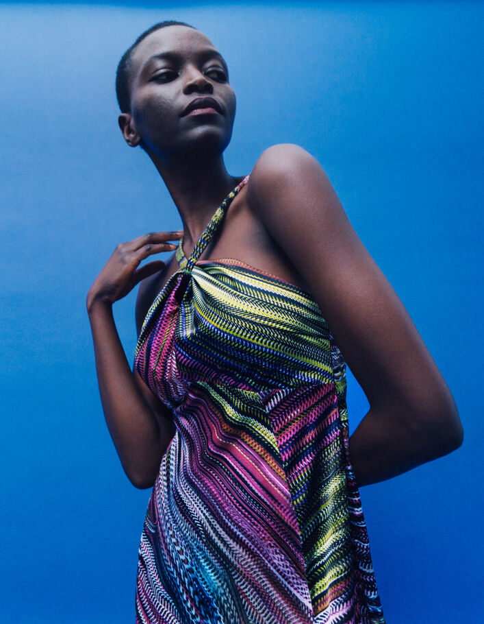 Robe longue imprimée à encolure nouée femme