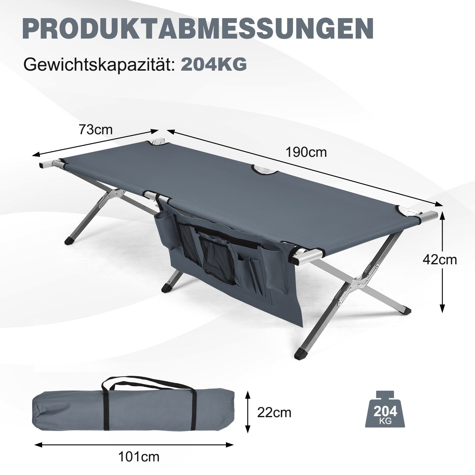 COSTWAY Feldbett Campingbett klappbar, mit Seitentasche, 130kg belastbar