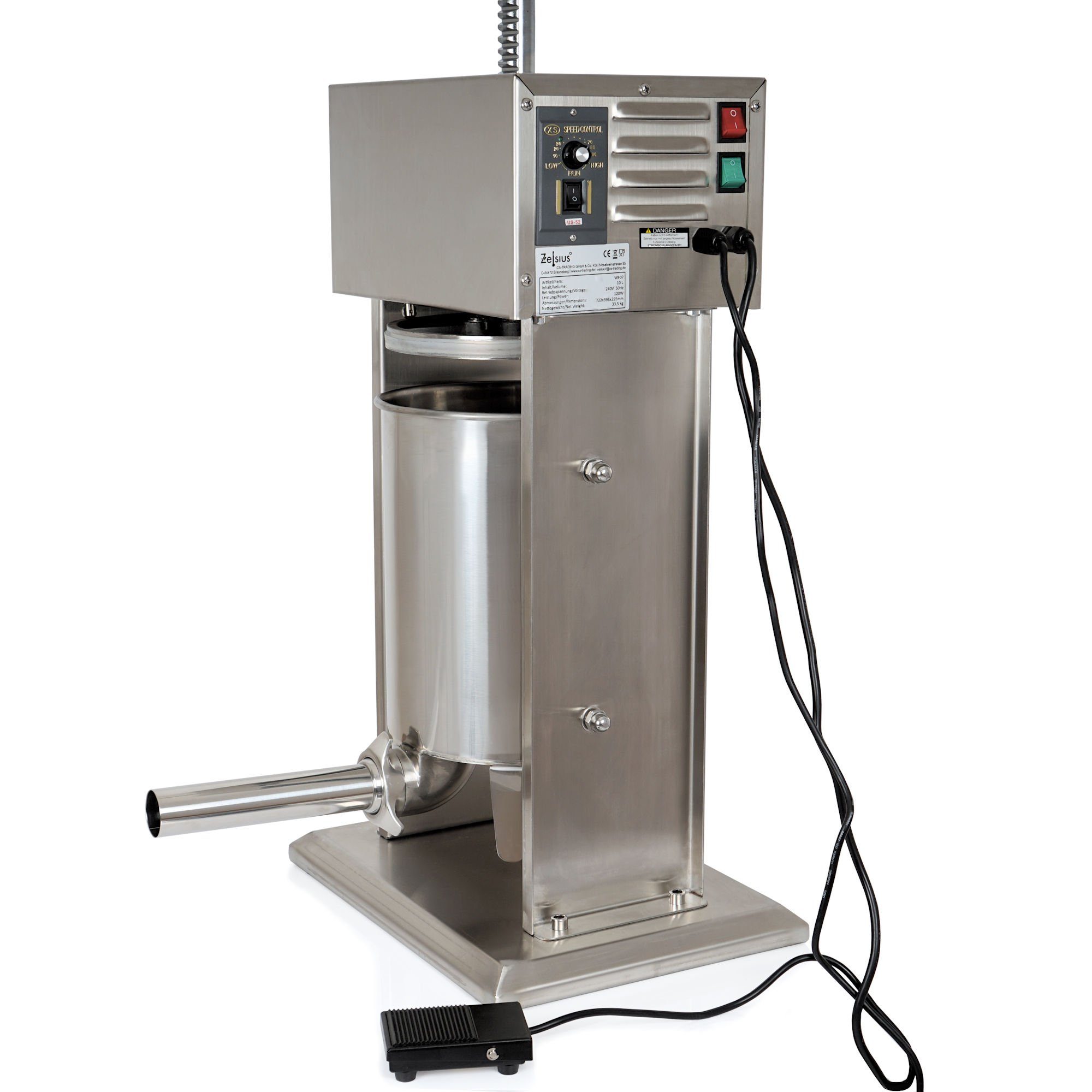 Zelsius Küchenmaschine elektrische Profi Wurstfüllmaschine, 10 Liter, mit Fußpedal, 120 W