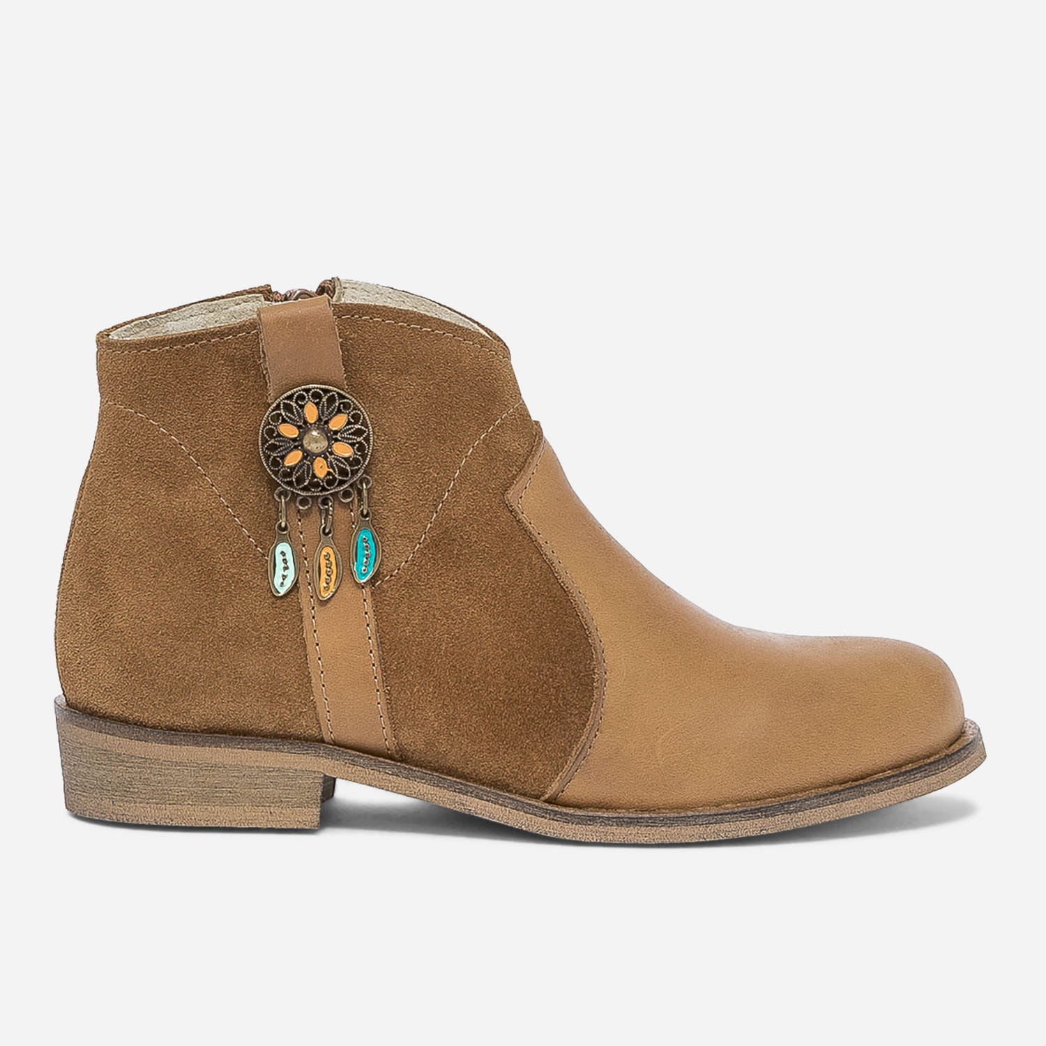 Boots camel bi matière décor attrape-rêve