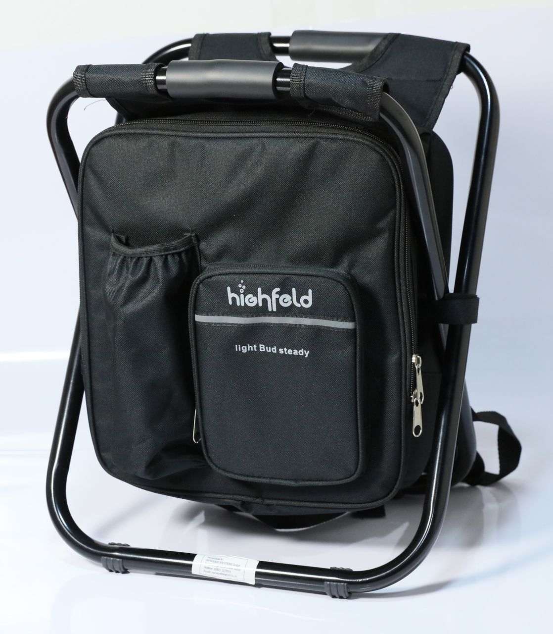 HIGHFELD Camping Stuhl Hocker mit Rucksack black Kühltasche