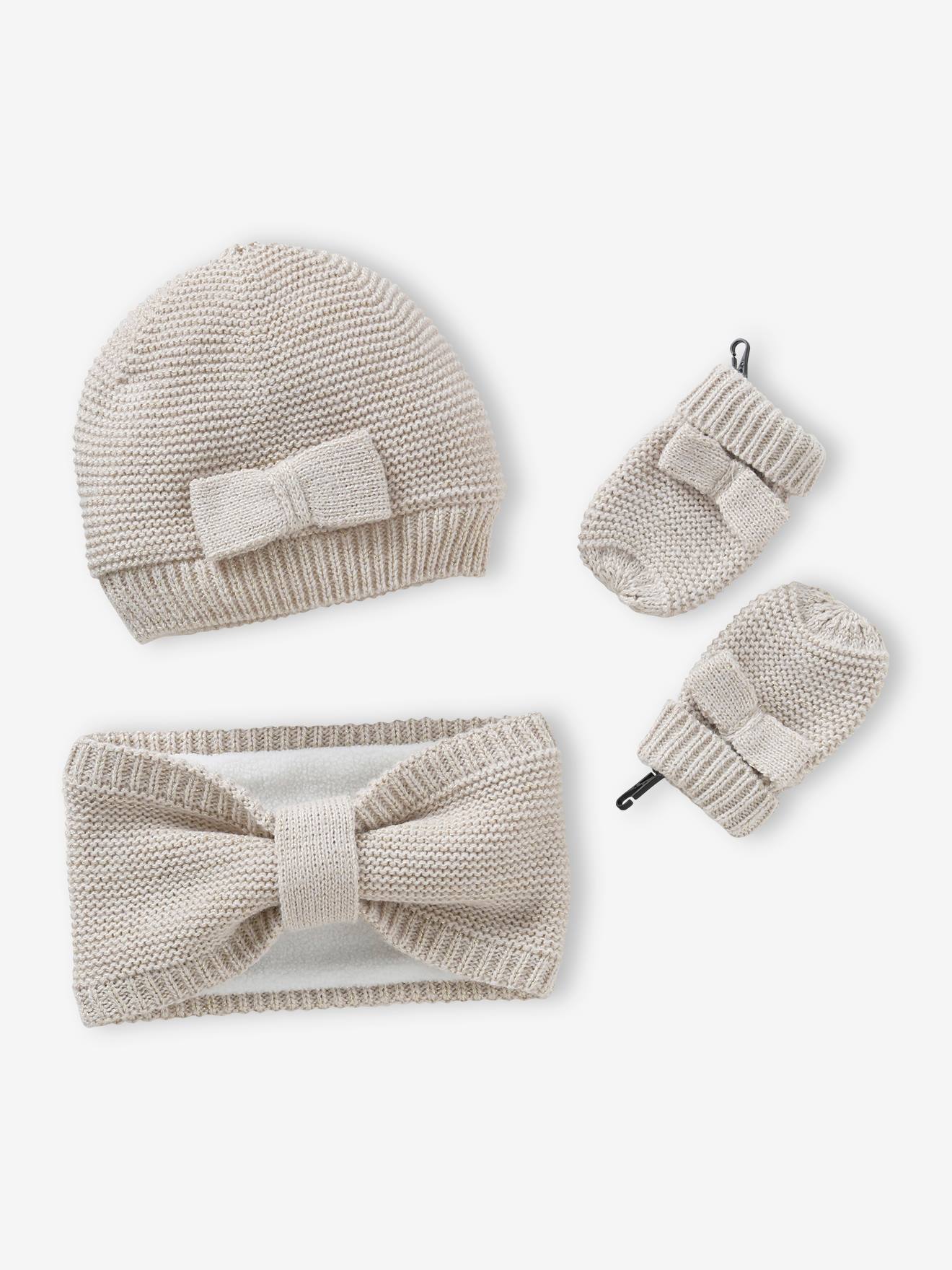 Vertbaudet Mädchen Baby-Set: Mütze, Rundschal & Fäustlinge - wollweiß