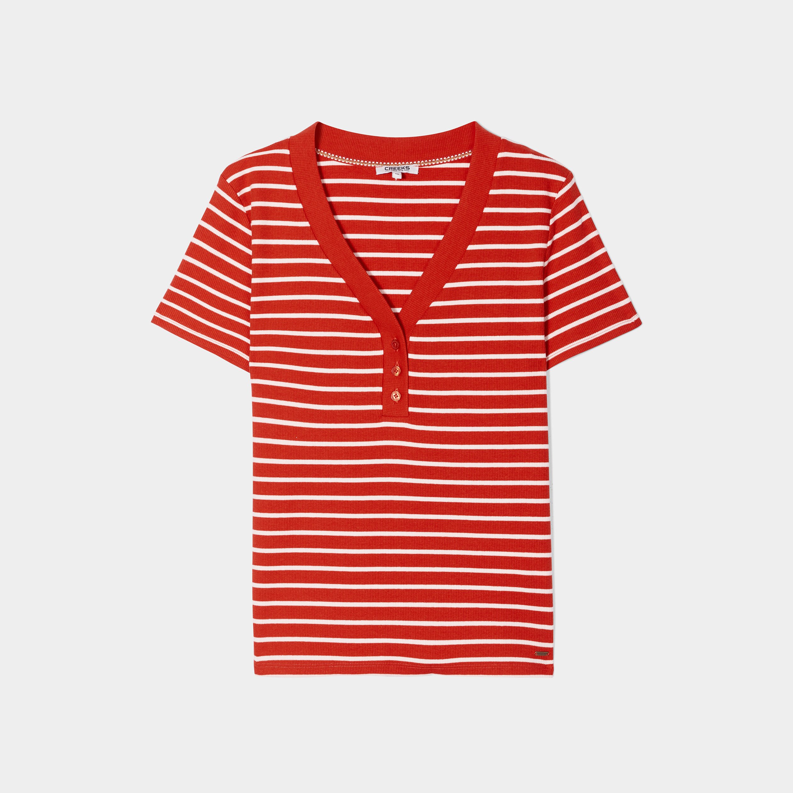 T-shirt côtelé col tunisien rouge femme | La Halle