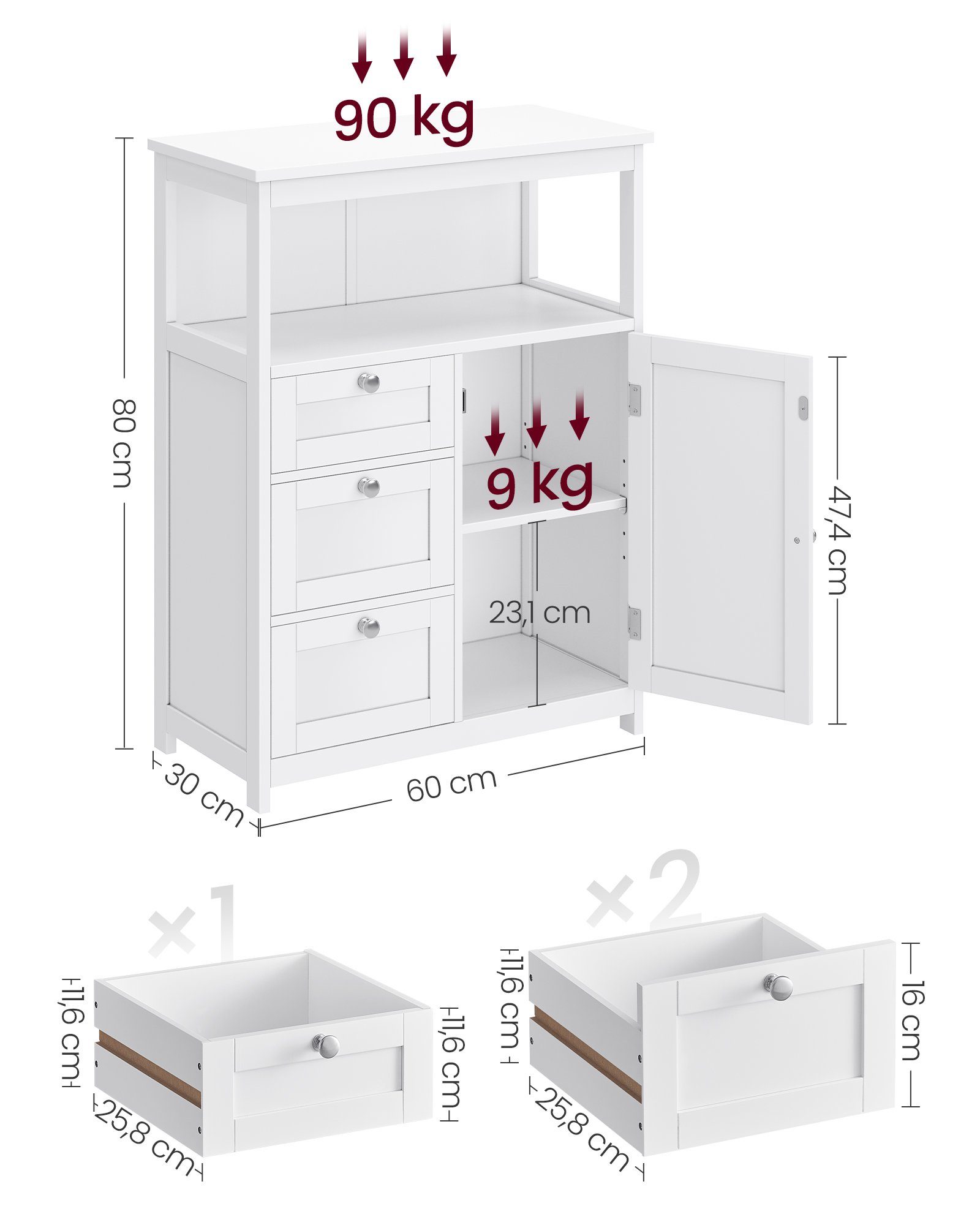 VASAGLE Badkommode Badezimmerschrank, mit 3 Schubladen, verstellbare Ablage