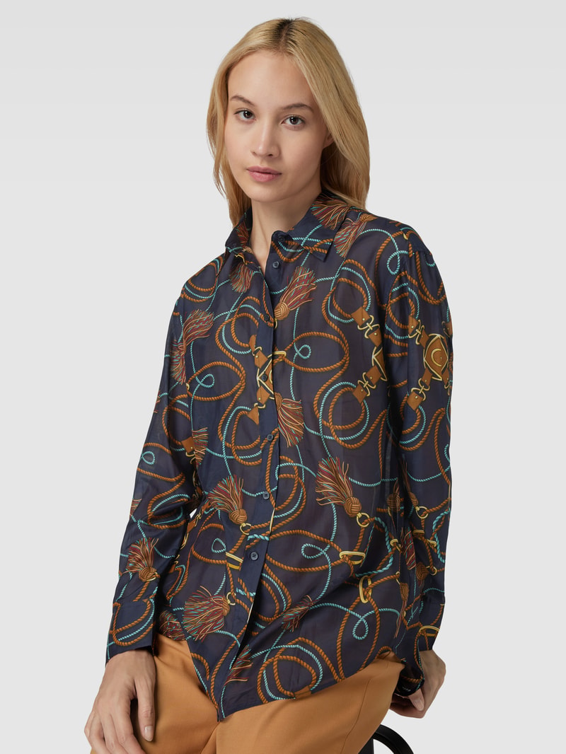 Bluse aus Baumwoll-Seide-Mix mit Allover-Muster in marineblau