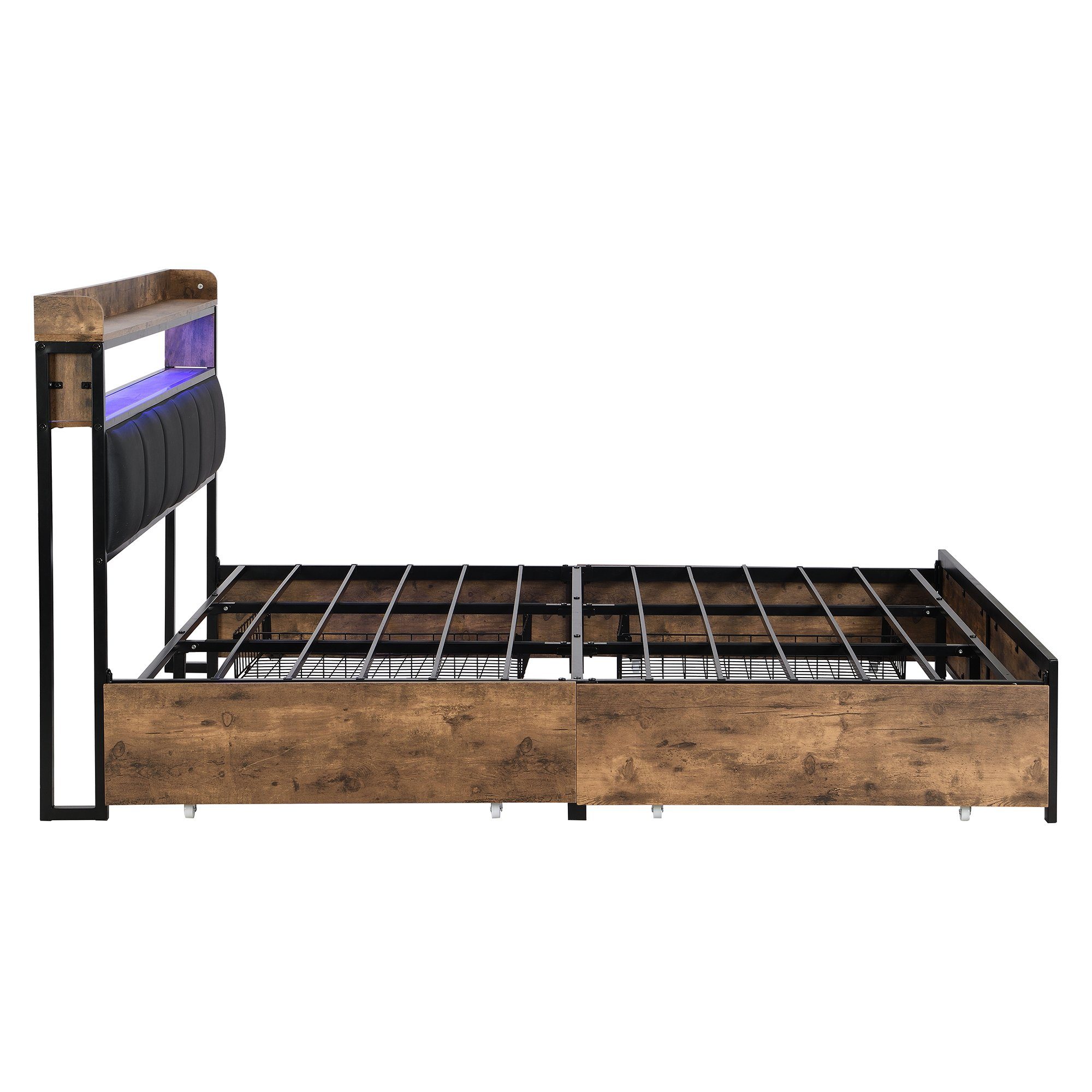 OKWISH Holzbett Polsterbett Jugendbett (160x200 cm Ohne Matratze, LED-Bett, Jugendbett, mit 4 Schubladen)