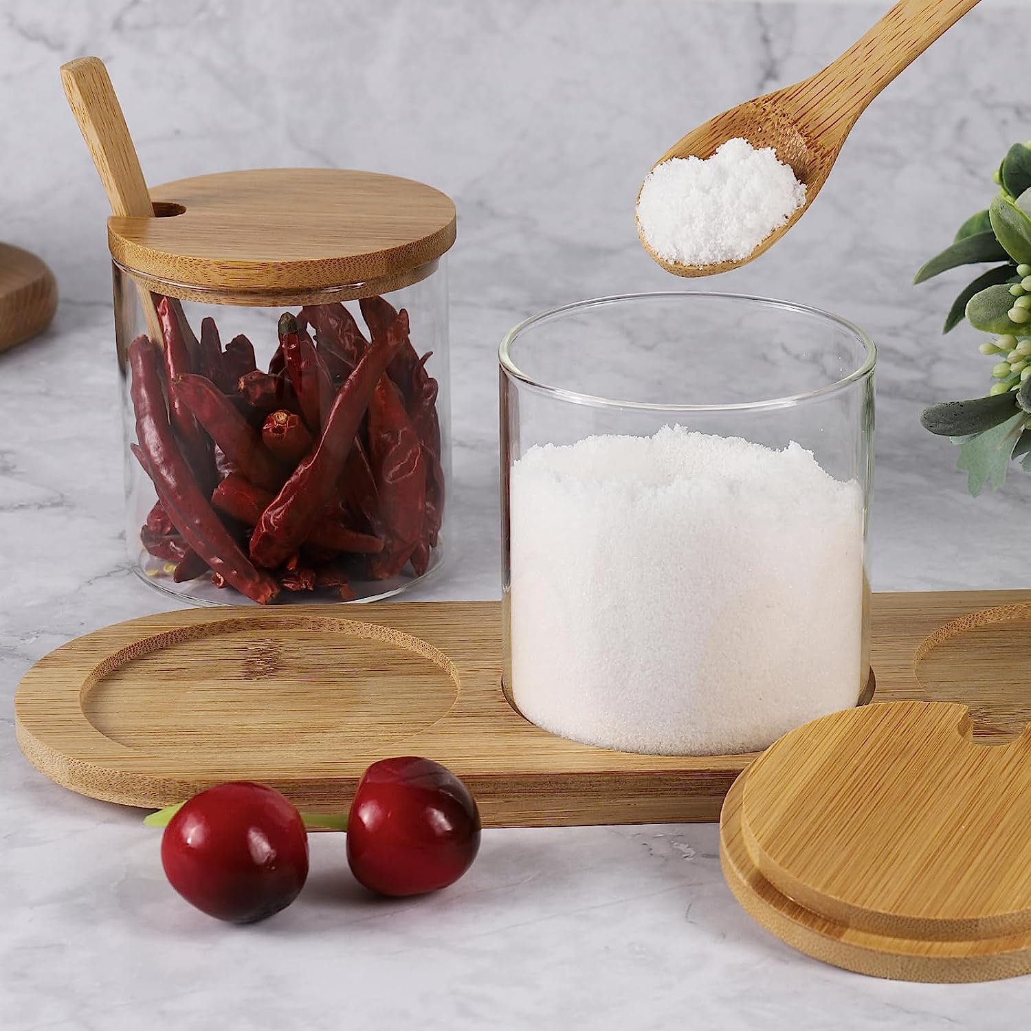 MULISOFT Gewürzbehälter 3 x 300ml Gewürzdosen Glas Gewürzgläser Set, (mit Bamboo Löffel, Deckel und Paletten), Gewürz Organizer für Küche und Esstisch