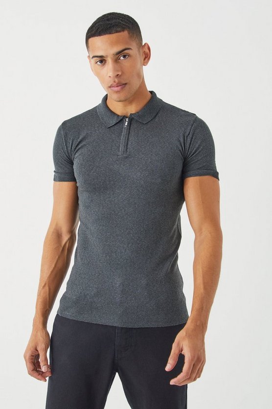 Kurzärmliges Muscle-Fit Poloshirt mit halbem Reißverschluss