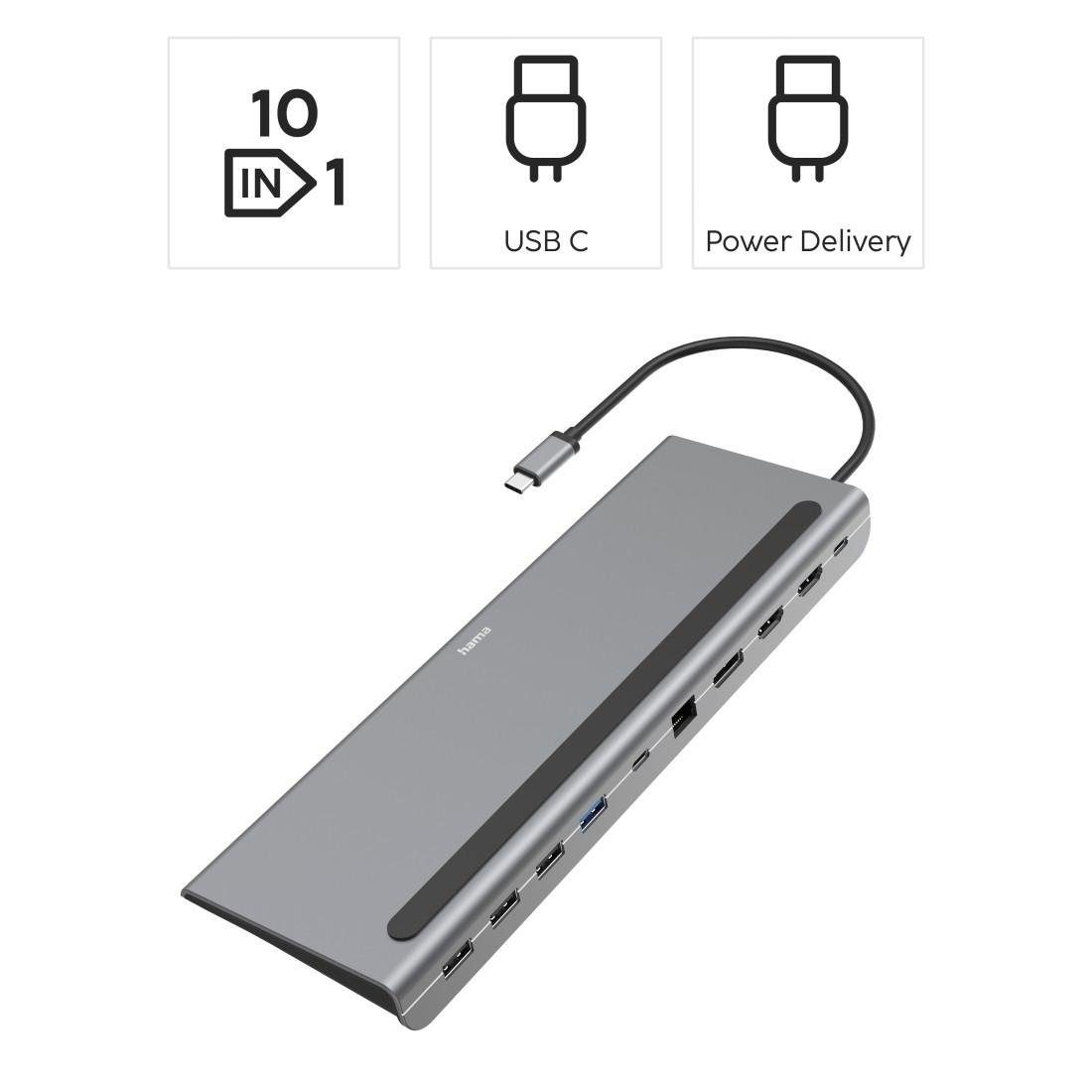 Hama Dockingstation USB C mit 10 Ports für Laptop und PC USB-Adapter USB Typ C zu DisplayPort, HDMI, RJ-45 (Ethernet), USB 2.0, USB 3.1 Gen 1, USB-C, 25 cm