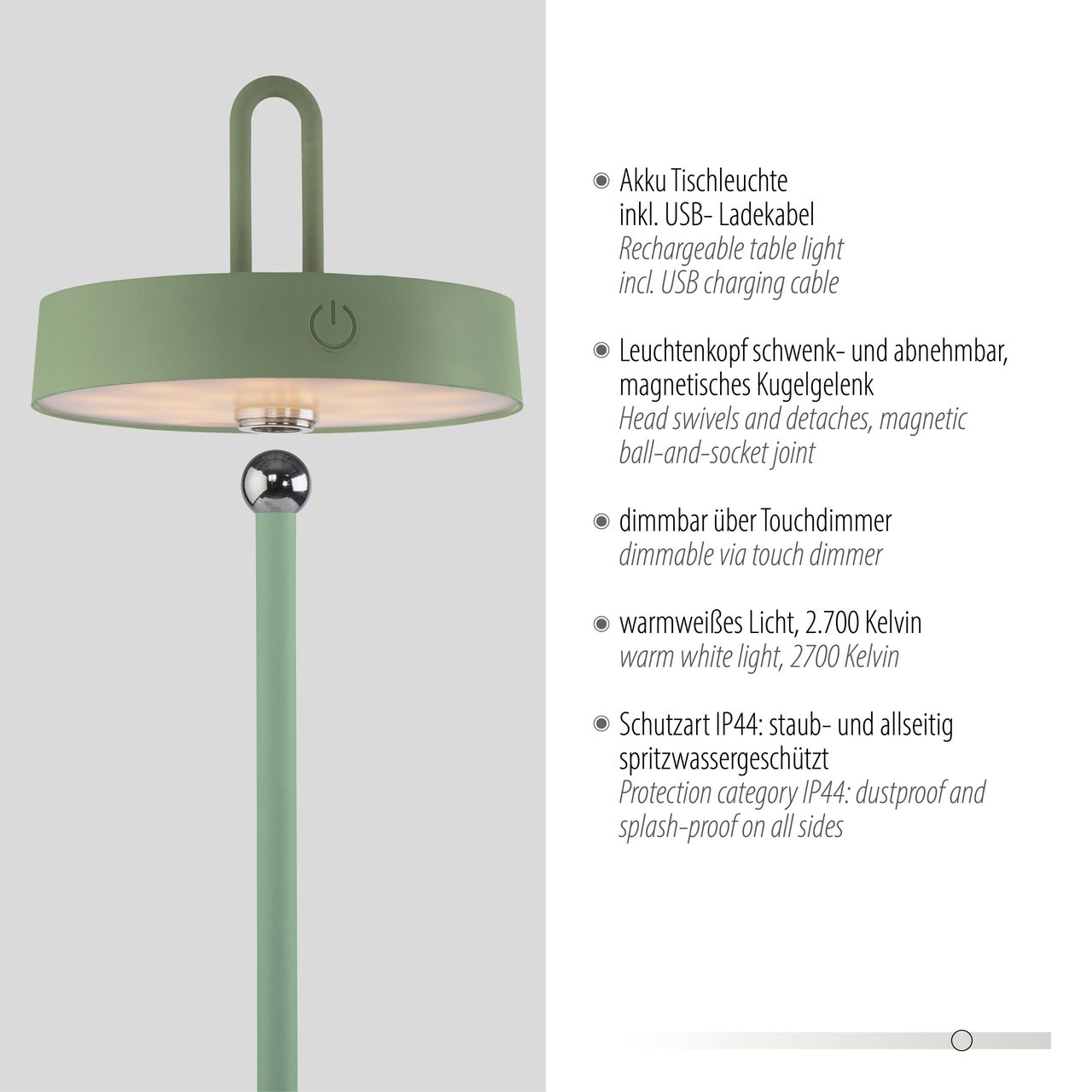 JUST LIGHT Akku Tischleuchte AMAG, 1x LED-Board/1,50Watt/2700Kelvin, IP44, Grün