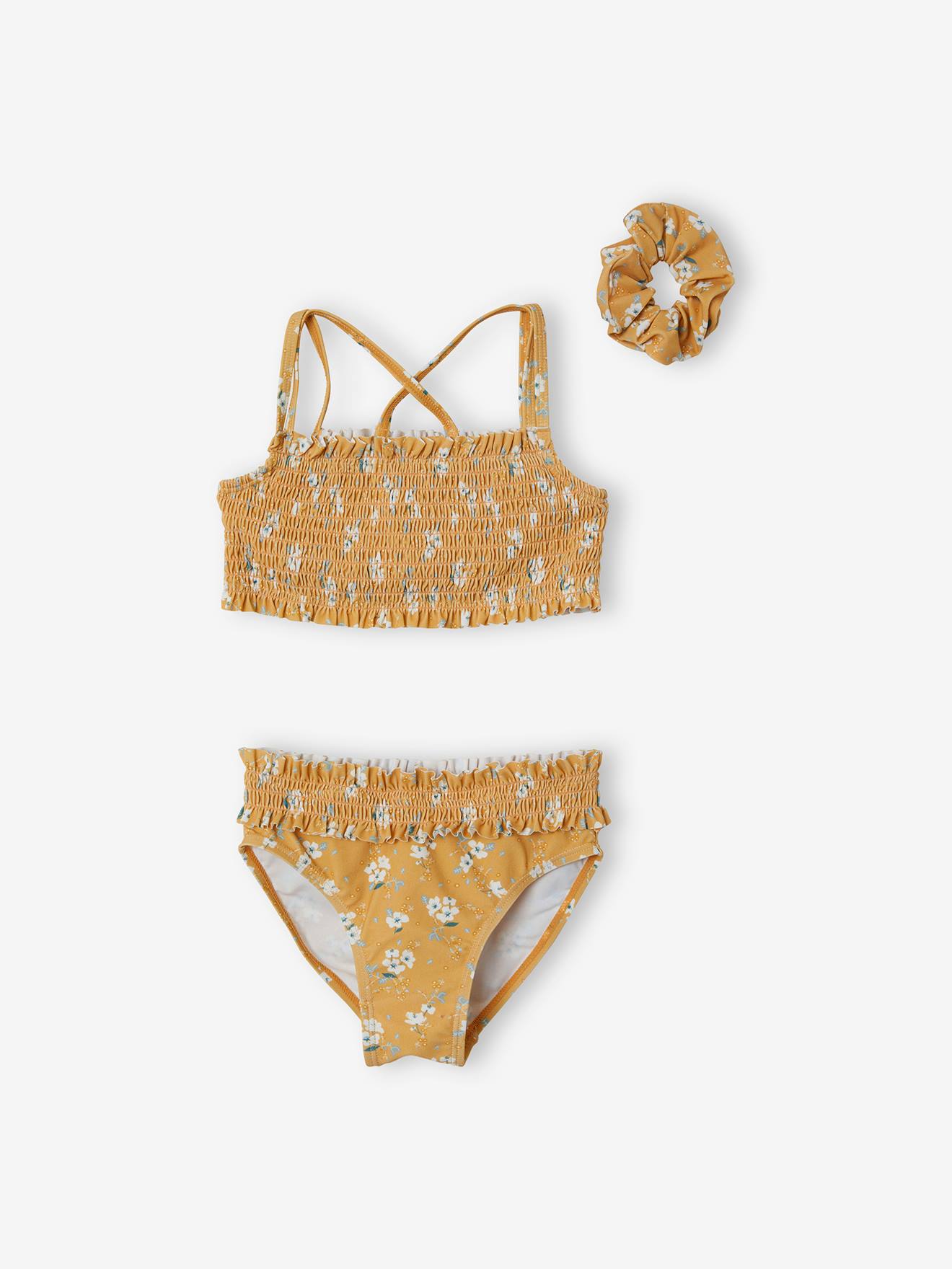 Maillot de bain 2 pièces imprimé fleurs fille + chouchou assorti jaune ambre imprimé