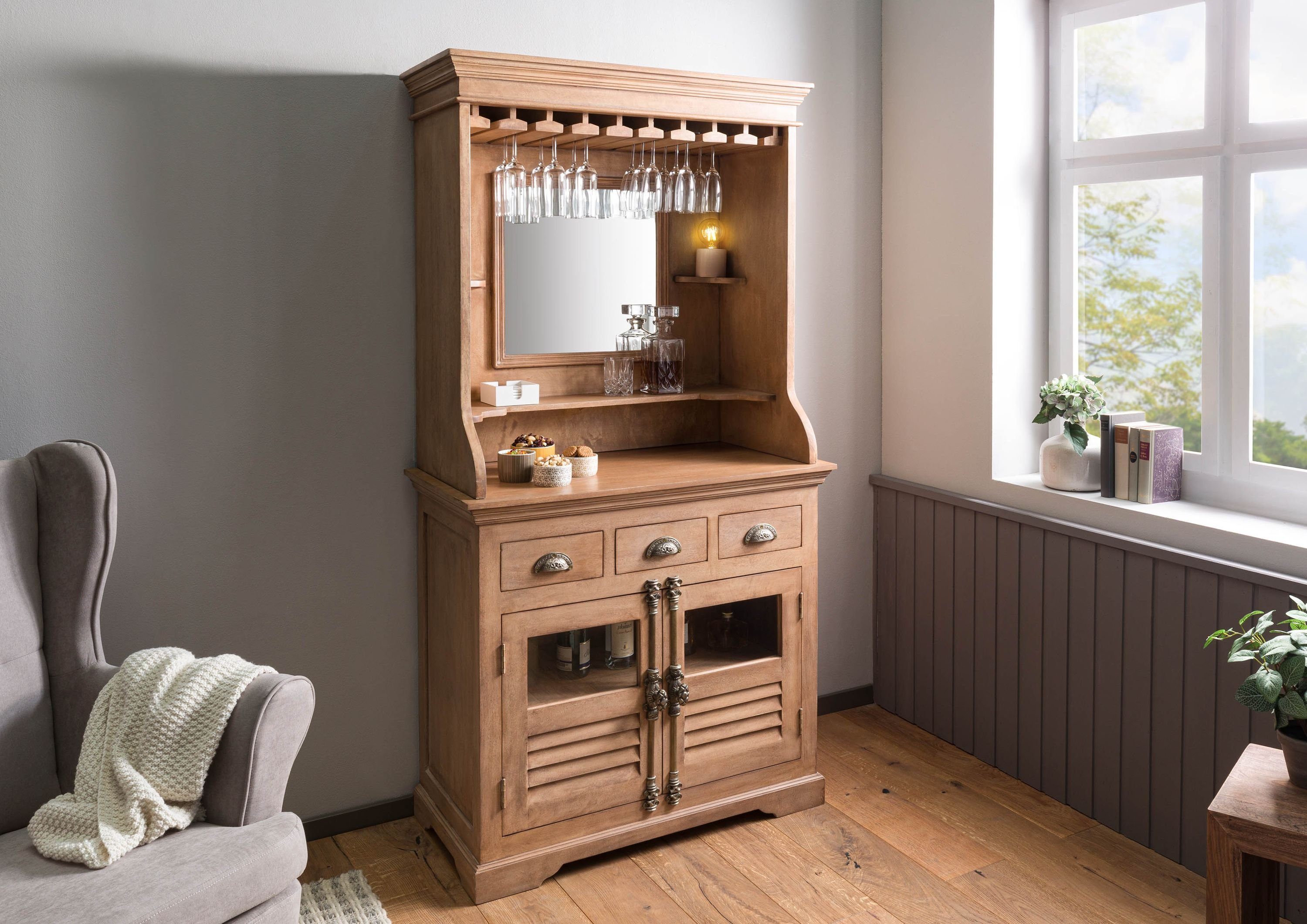 Massivmoebel24 Barschrank Mango 98x51x190 beige geölt TOULOUSE #05