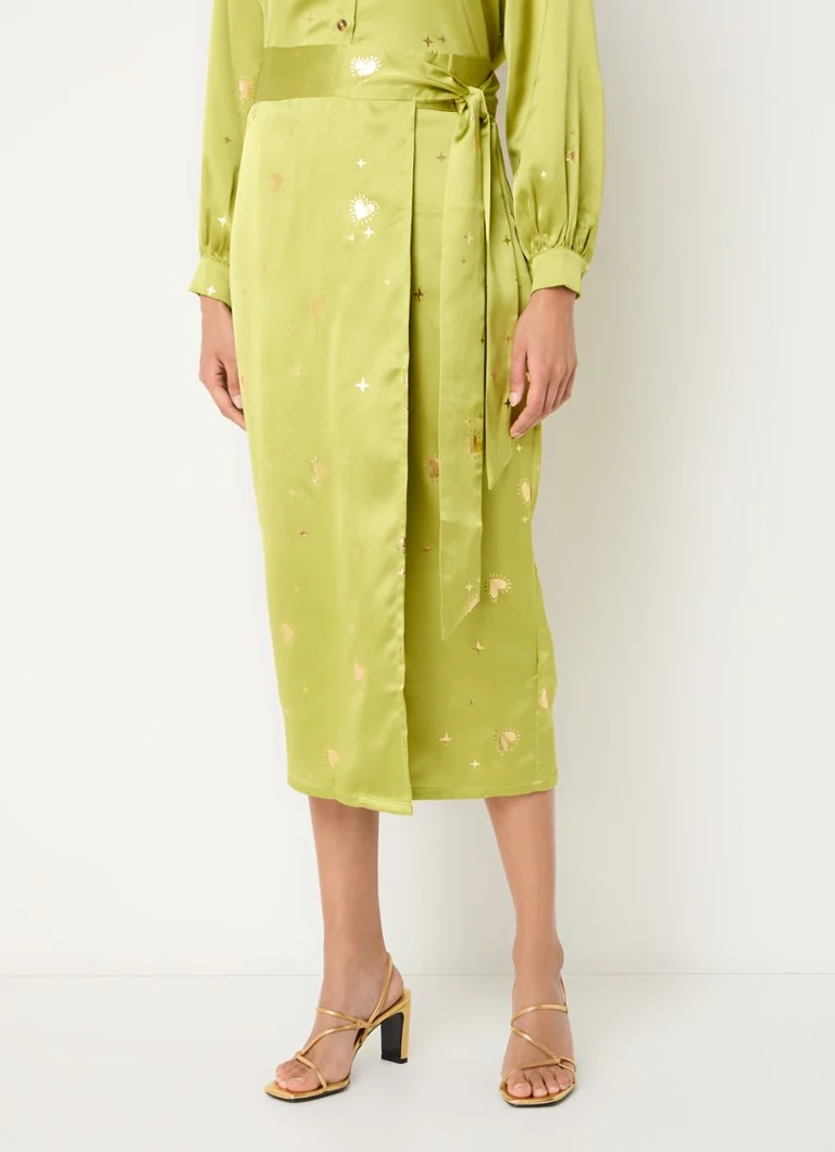 Fustă midi petrecută Never Fully Dressed, din satin imprimat și lurex.