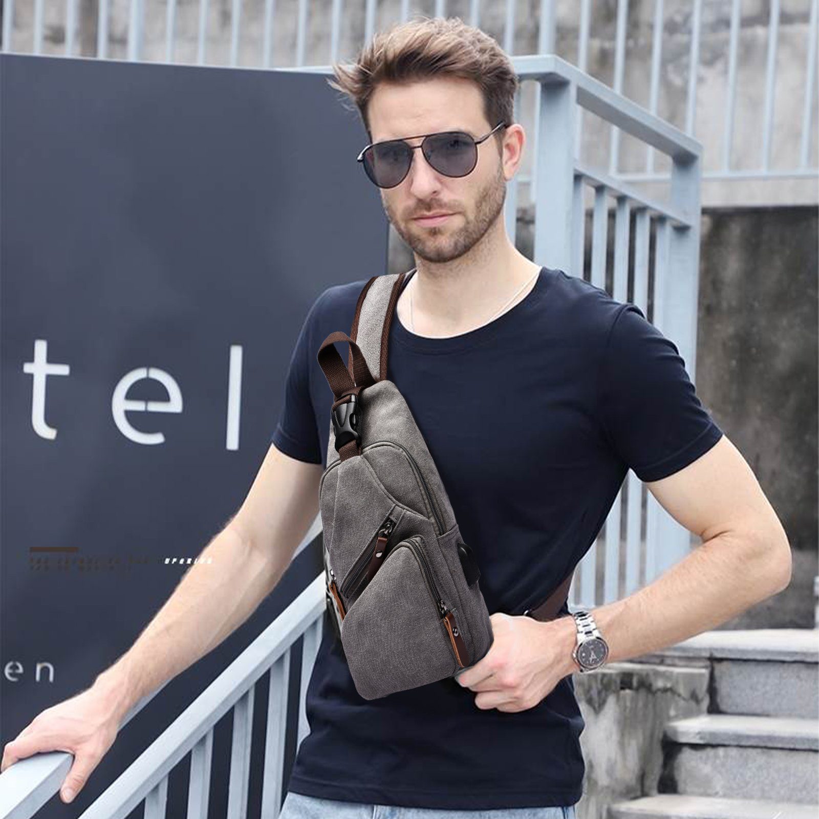 TAN.TOMI Umhängetasche Brusttasche Herren, Schultertasche Herren und Damen mit USB-Aufladung, Brusttasche, Canvas Brusttasche mit Verstellbaren Schultergurten