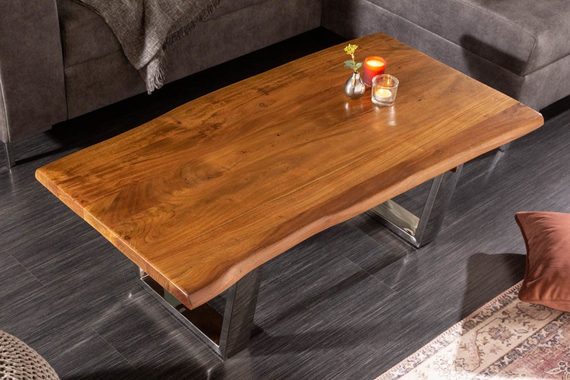riess-ambiente Couchtisch MAMMUT 110cm honigfarben / silber (Einzelartikel, 1-St), Wohnzimmer · Massivholz · Baumkante · Edelstahl · Industrial