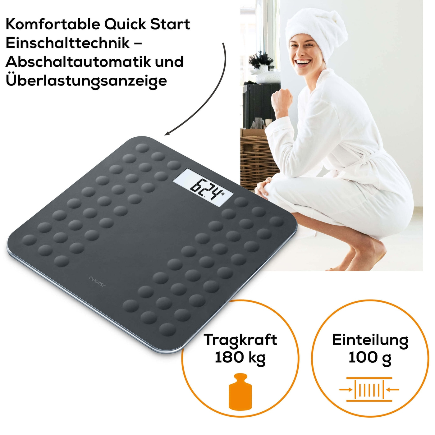 Beurer Glaswaage - GS 300 Black-Personenwaage aus Glas mit Silikonoberfläche - bis 180 kg