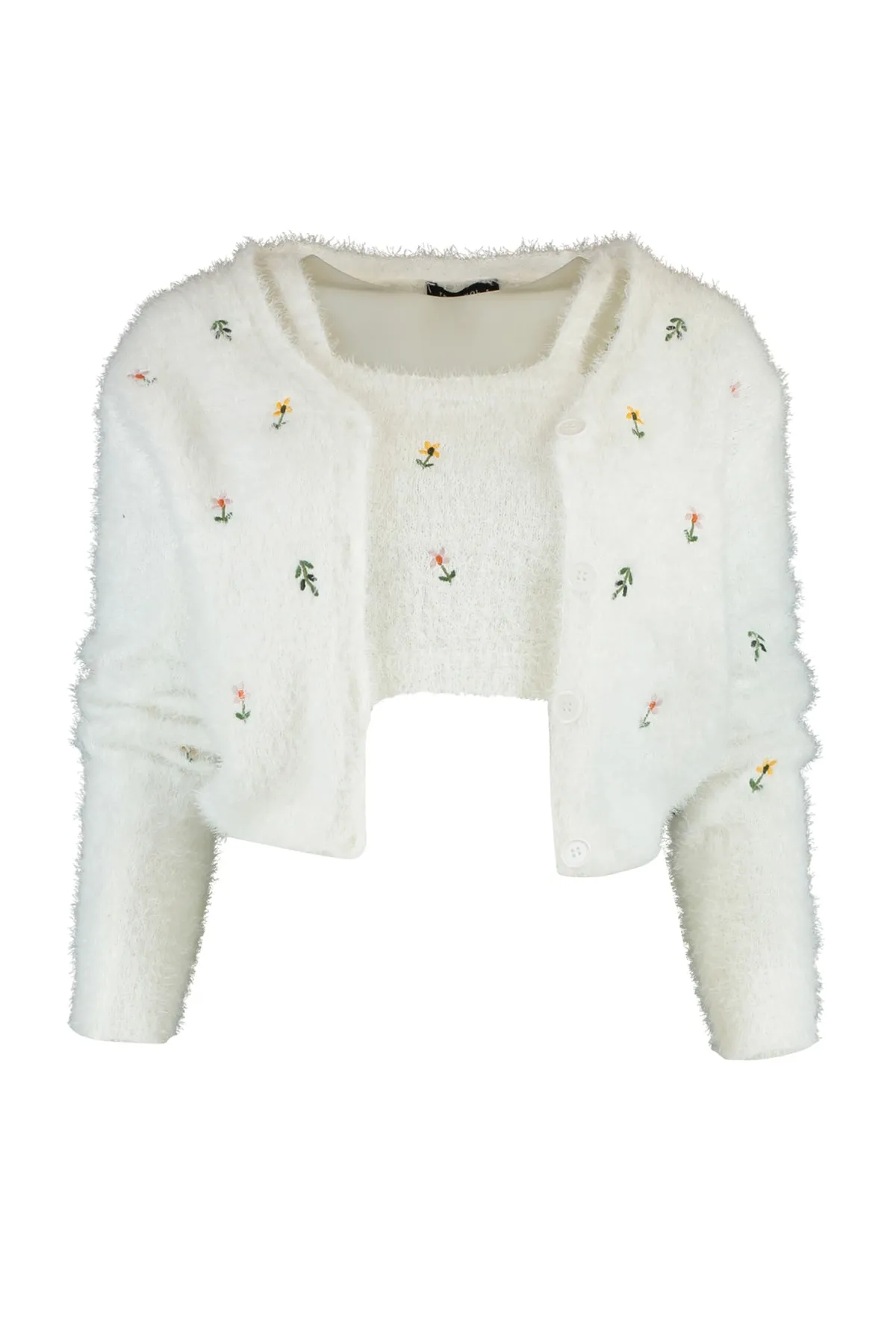 Trendyol Collection  Ecrufarbenes Strickset mit Pelz-/Bartseil-Bluse und Strickjacke TWOAW22HI0055