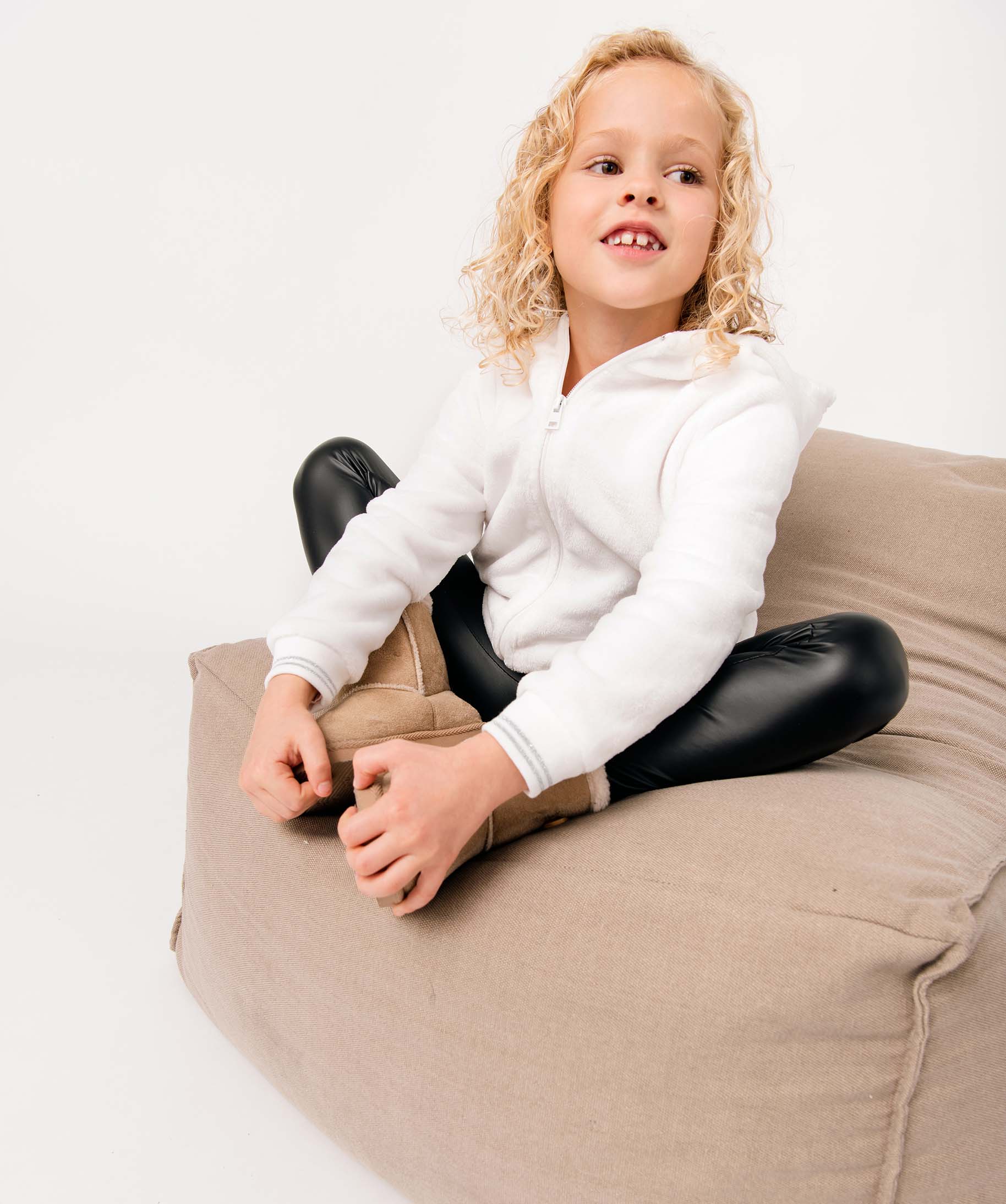 Sweat fille zippé à capuche en maille peluche ecru | GEMO