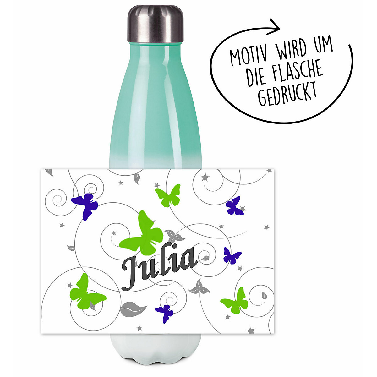 Edelstahl Kinder Thermoflasche / Trinkflasche bunt Schmetterling Ornamente Farbe blau grün Spülmaschinenfest, Auslaufsicher, Bruchfest, Doppelwandig, Für Heißgetränke geeignet, Mit Deckel, Isolie