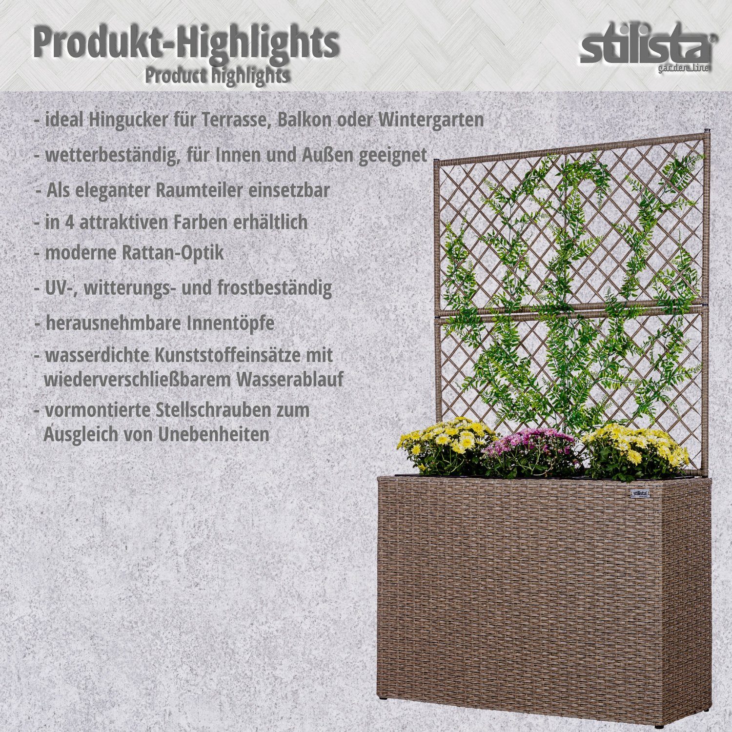STILISTA Pflanzkübel Polyrattan Pflanzkasten Blumentopf Blumenkasten, 130 x 84 x 29 cm, 3 herausnehmbare Innentöpfe, Rankgitter, Farbwahl