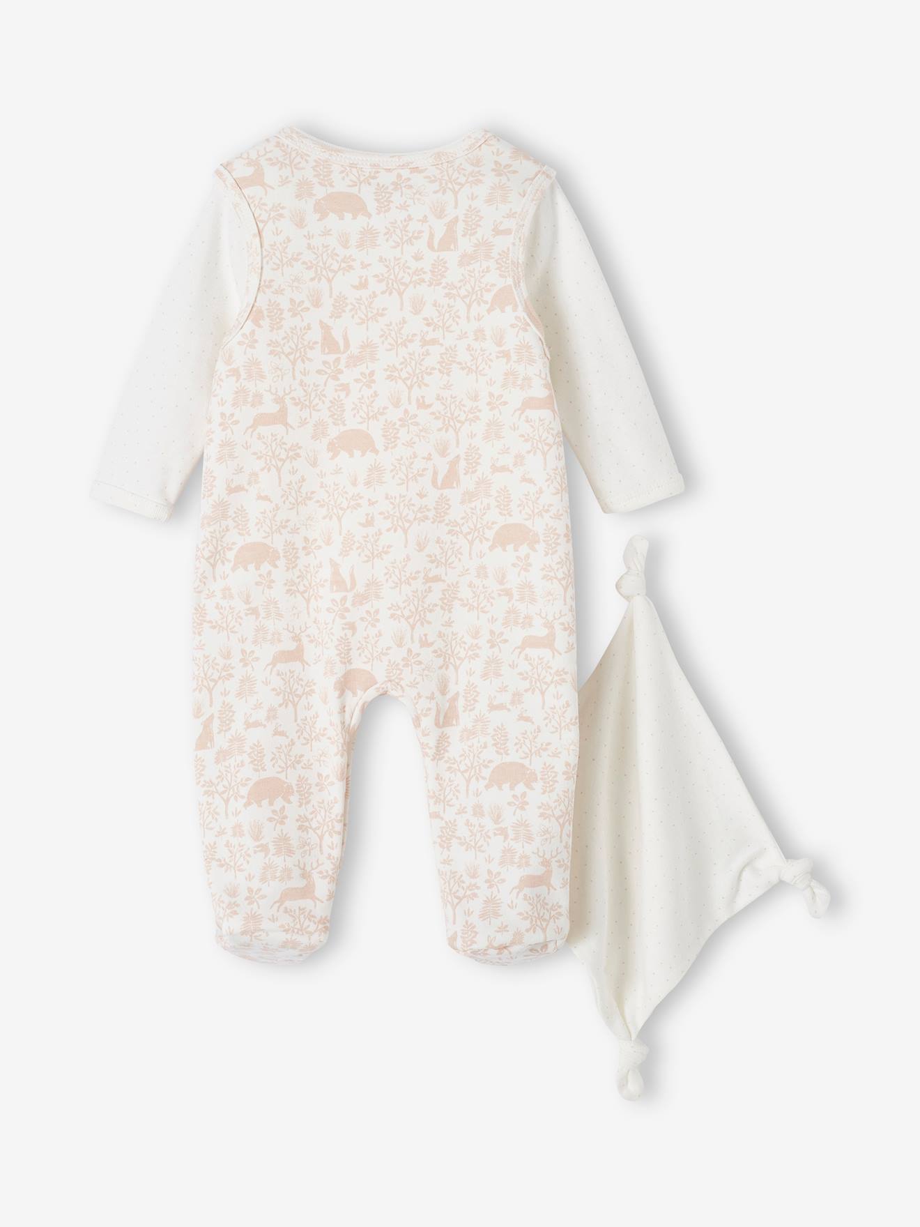 Ensemble naissance 3 pièces : combinaison + body + doudou en coton bio rose poudré