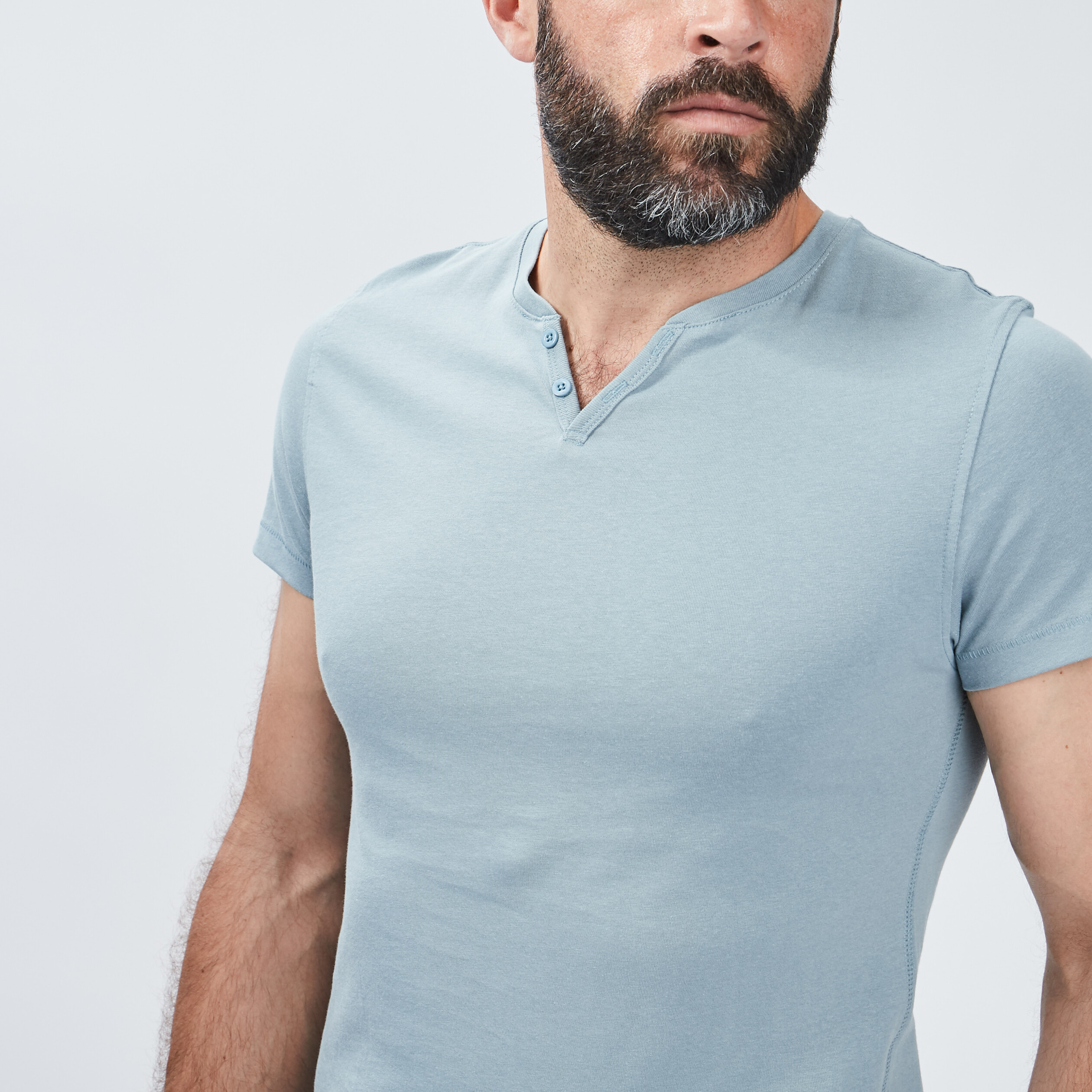 T-shirt manches courtes col tunisien bleu gris homme | La Halle