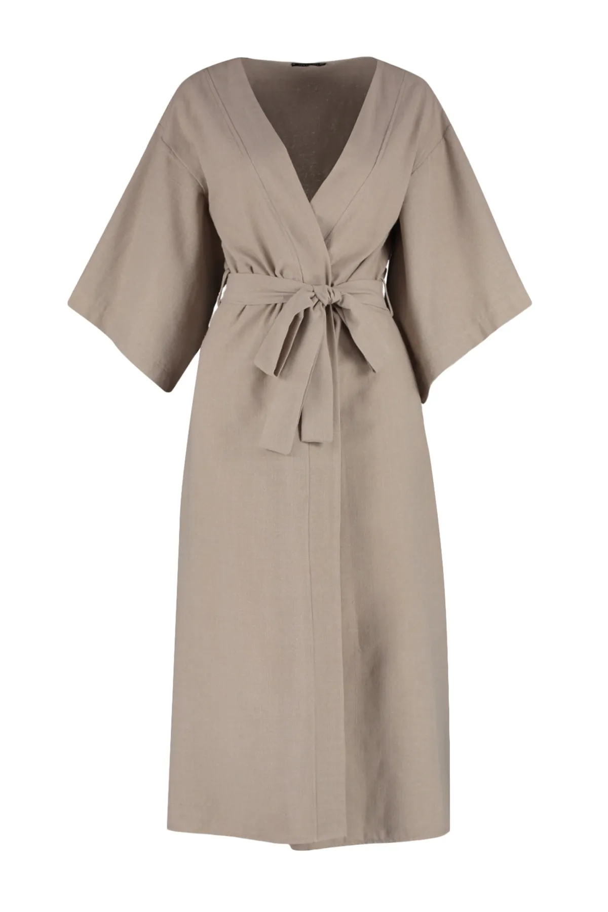 Trendyol Collection  Beigefarbener, gewebter Maxi-Kimono und Kaftan in Leinenoptik mit Gürtel TBESS23KM00058