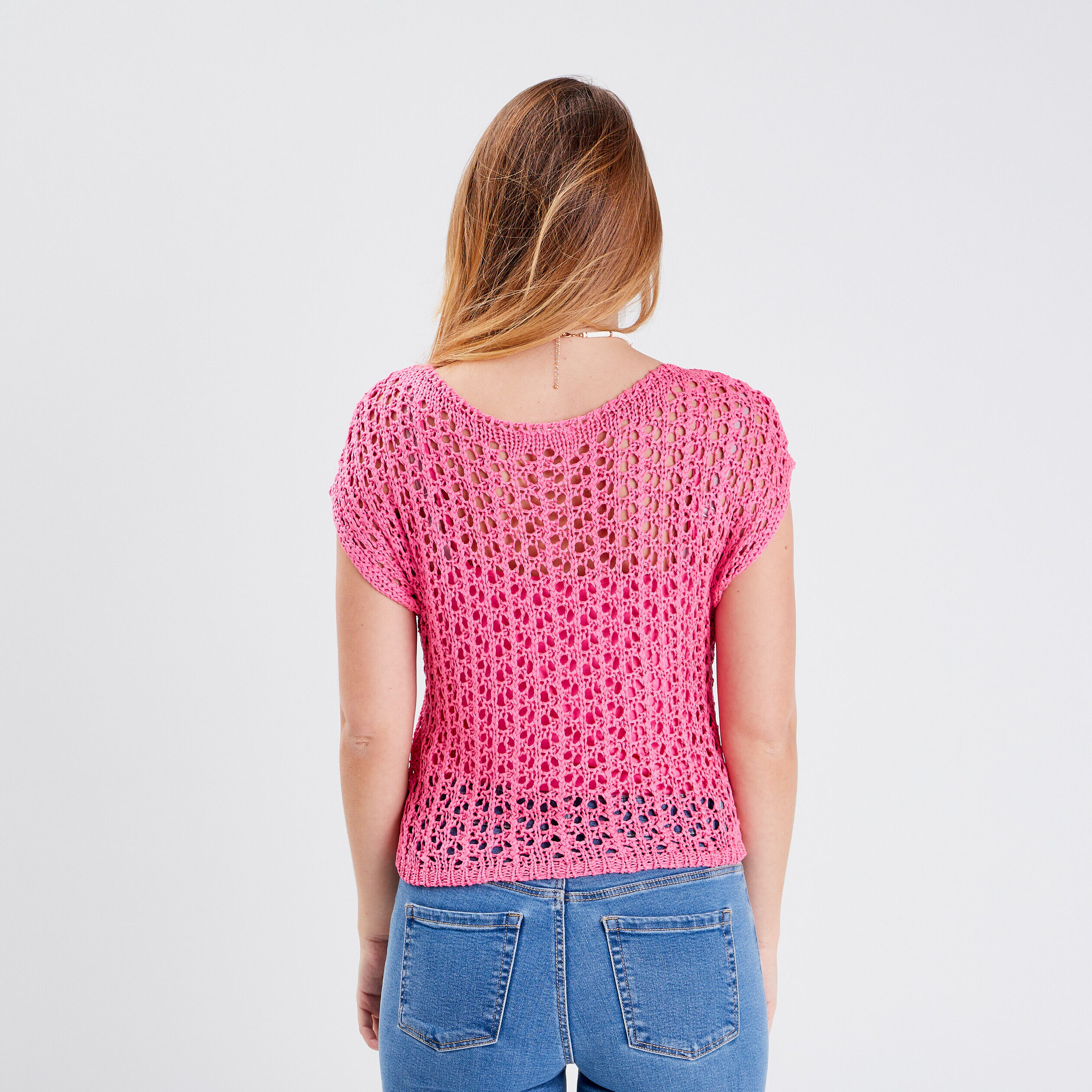 Pull manches courtes ajouré rose fluo femme | Cache Cache