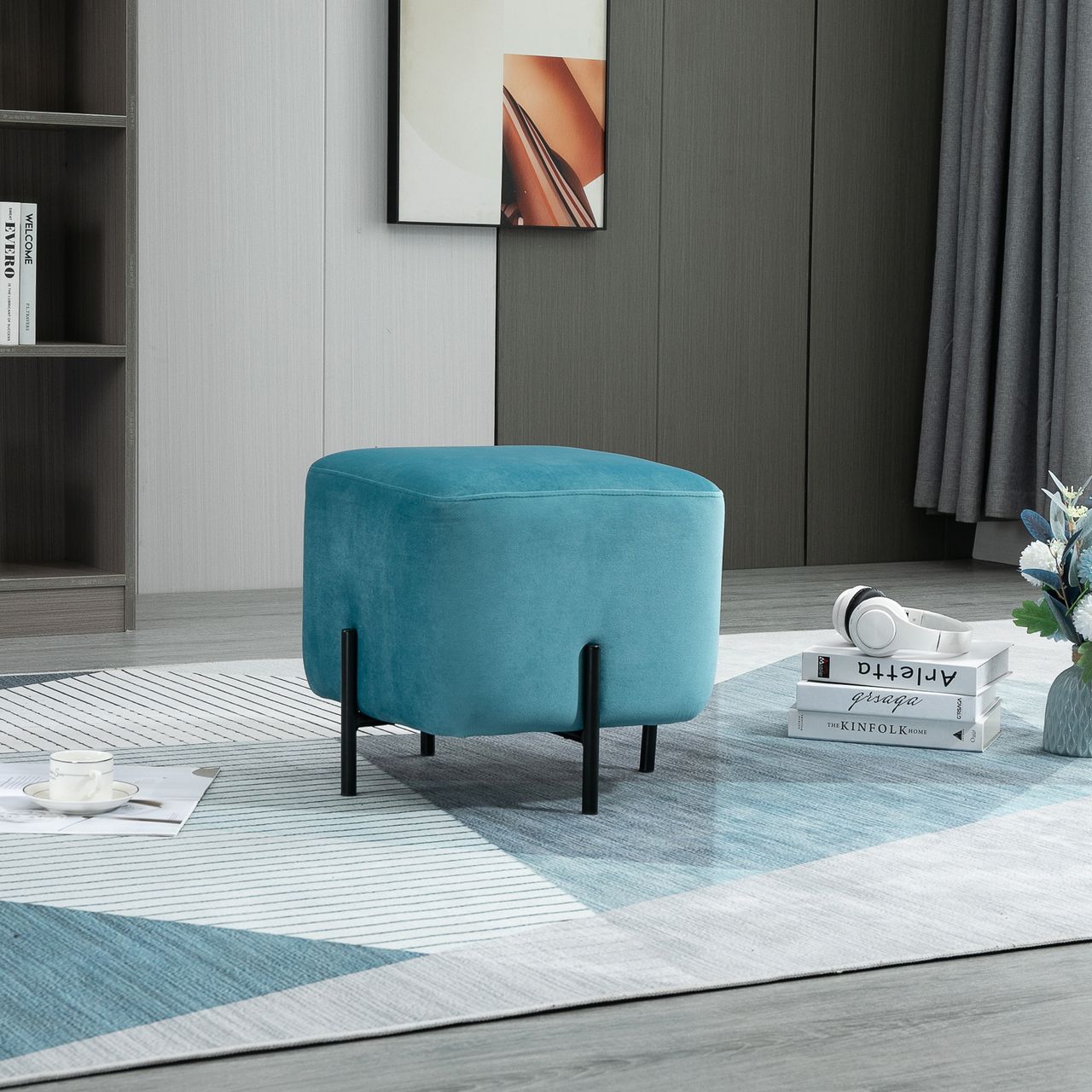 HOMCOM Fußhocker Fußstütze gepolstert Polyester Stahl Schaumstoff Türkis 44,5 x 44,5 x 41,5 cm