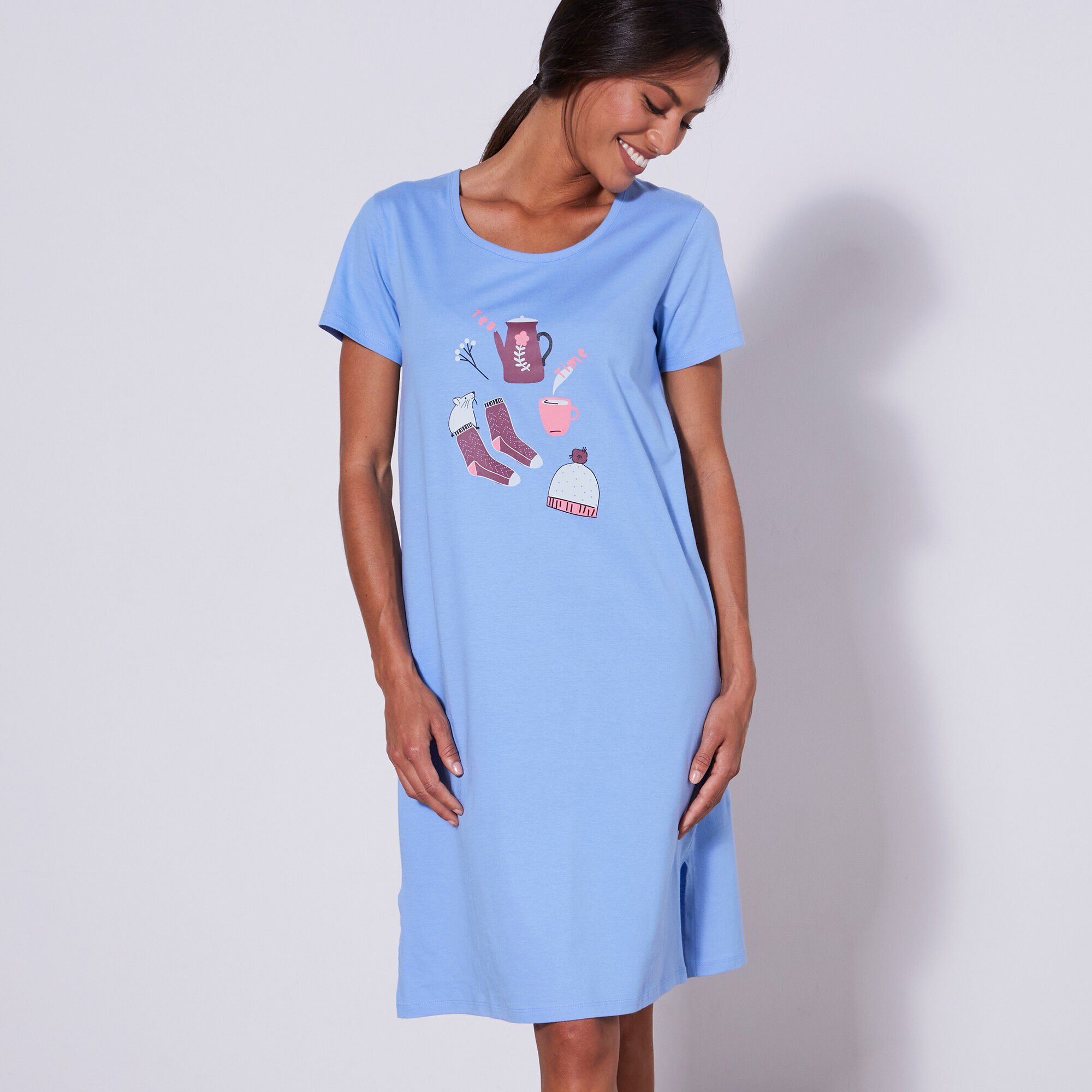 Chemise de nuit courte manches courtes imprimé « tea time »