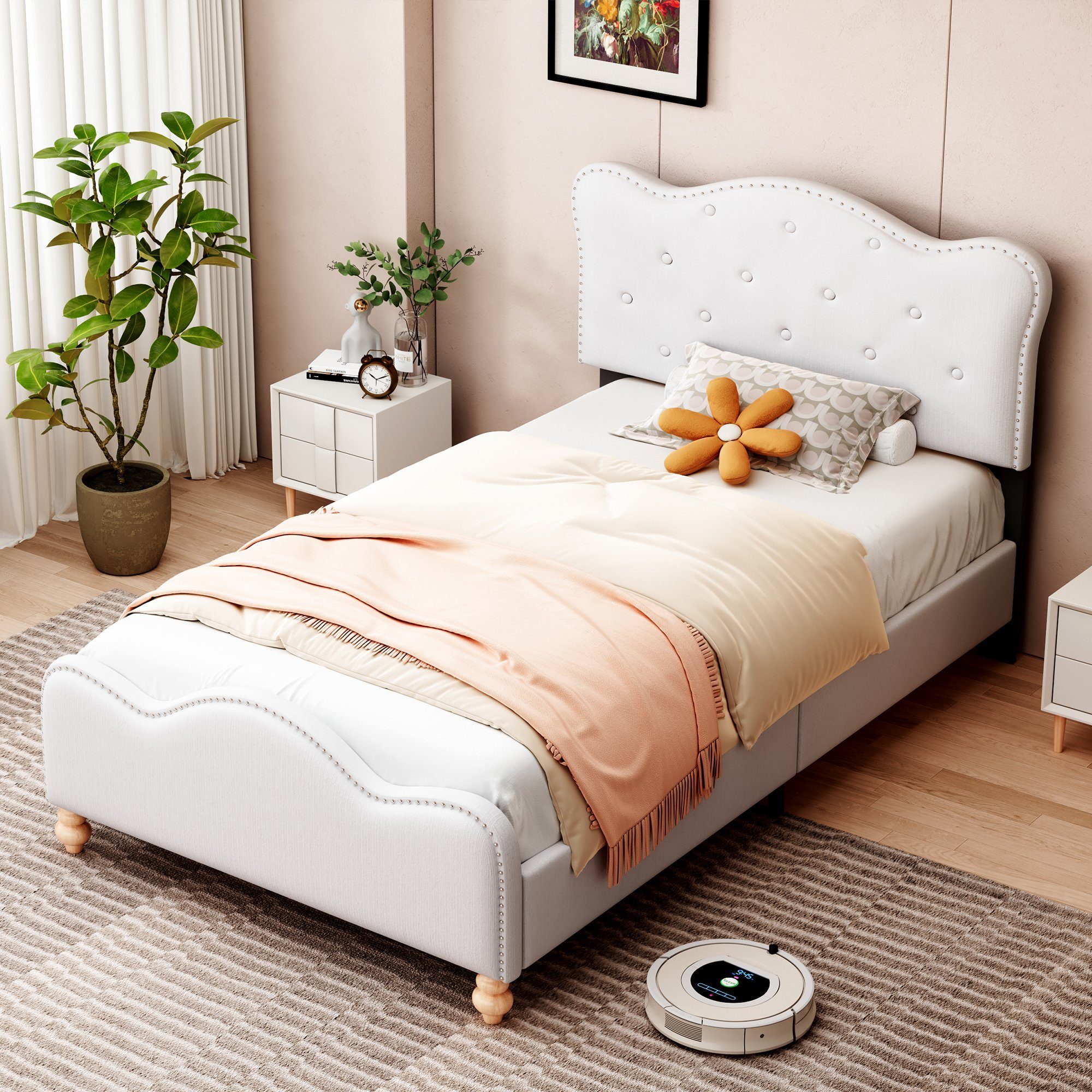 Flieks Polsterbett, Leinen Kinderbett Einzelbett 90x200cm geschwungene Kopf- und Fußteil
