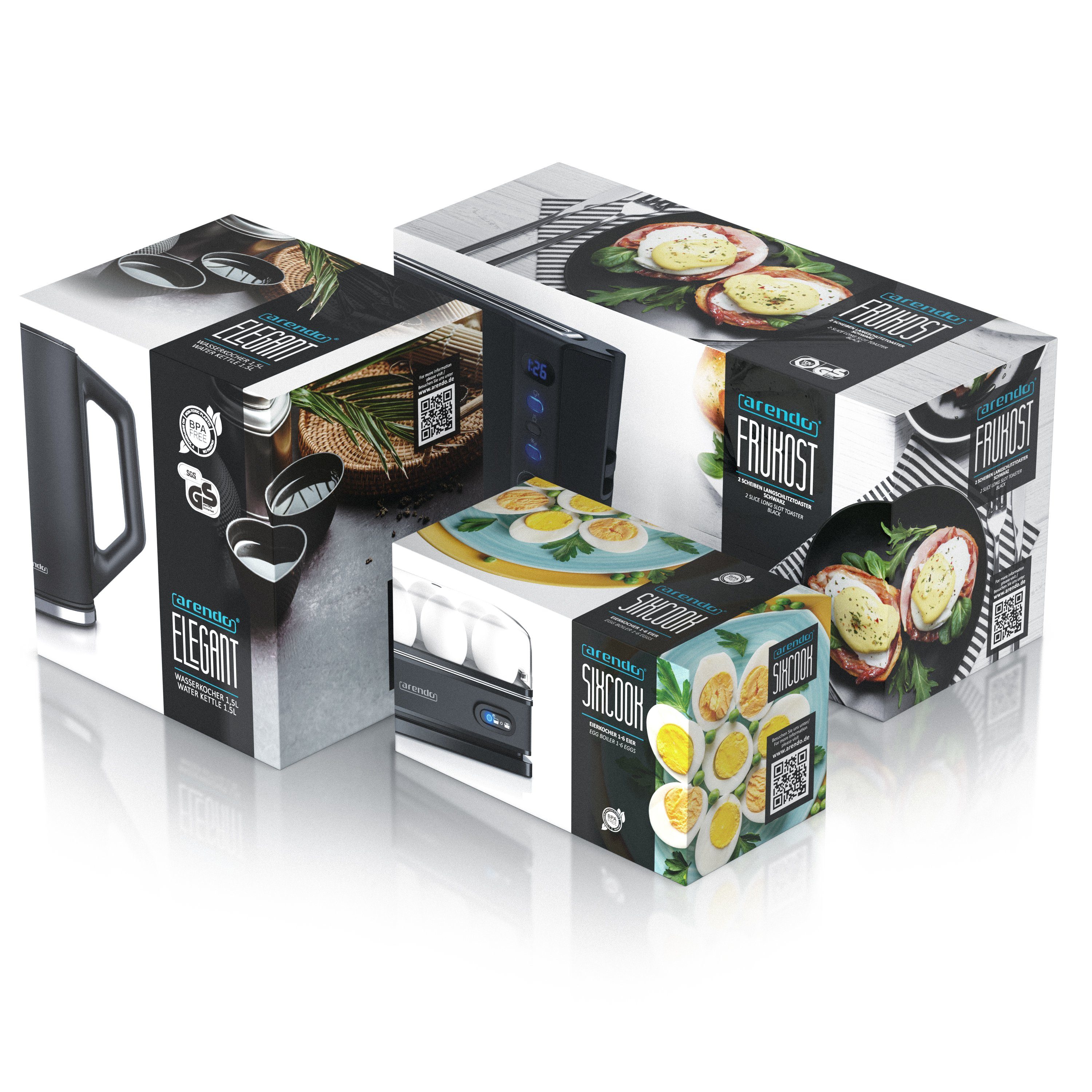 Arendo Frühstücks-Set (3-tlg), Wasserkocher 1,5l, 2-Scheiben Toaster, 6er Eierkocher, Schwarz