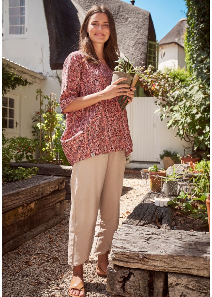 Knöchelfreie Hose mit Leinen und High-Waist-Bequembund, Loose-Fit