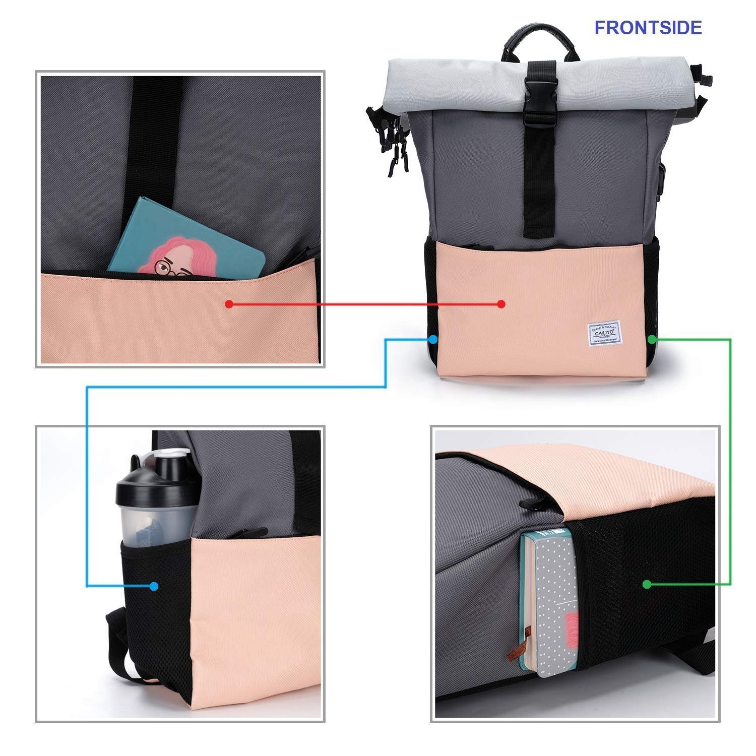 TAN.TOMI Freizeitrucksack Arbeitsrucksack Groß Damen lässiger Rolltop Rucksack Herren Backpack, mit Laptopfach bis 15,6 zoll und externen USB-Anschluss