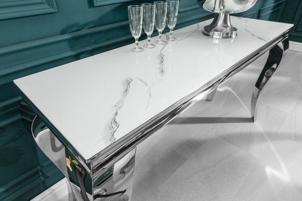 riess-ambiente Konsolentisch MODERN BAROCK 145cm grau / weiß, Glastisch · Marmor-Optik · Edelstahl-Beine