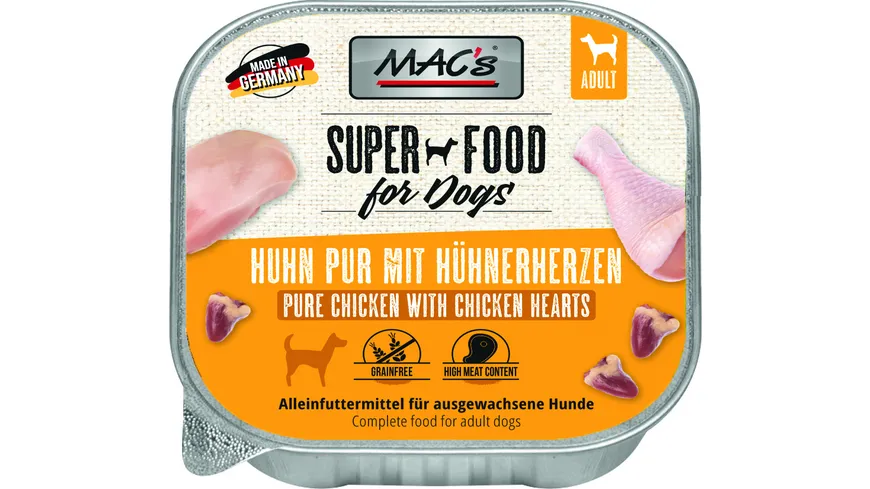 MAC's DOG Hundenassfutter Huhn pur mit Hühnerherzen 150 g