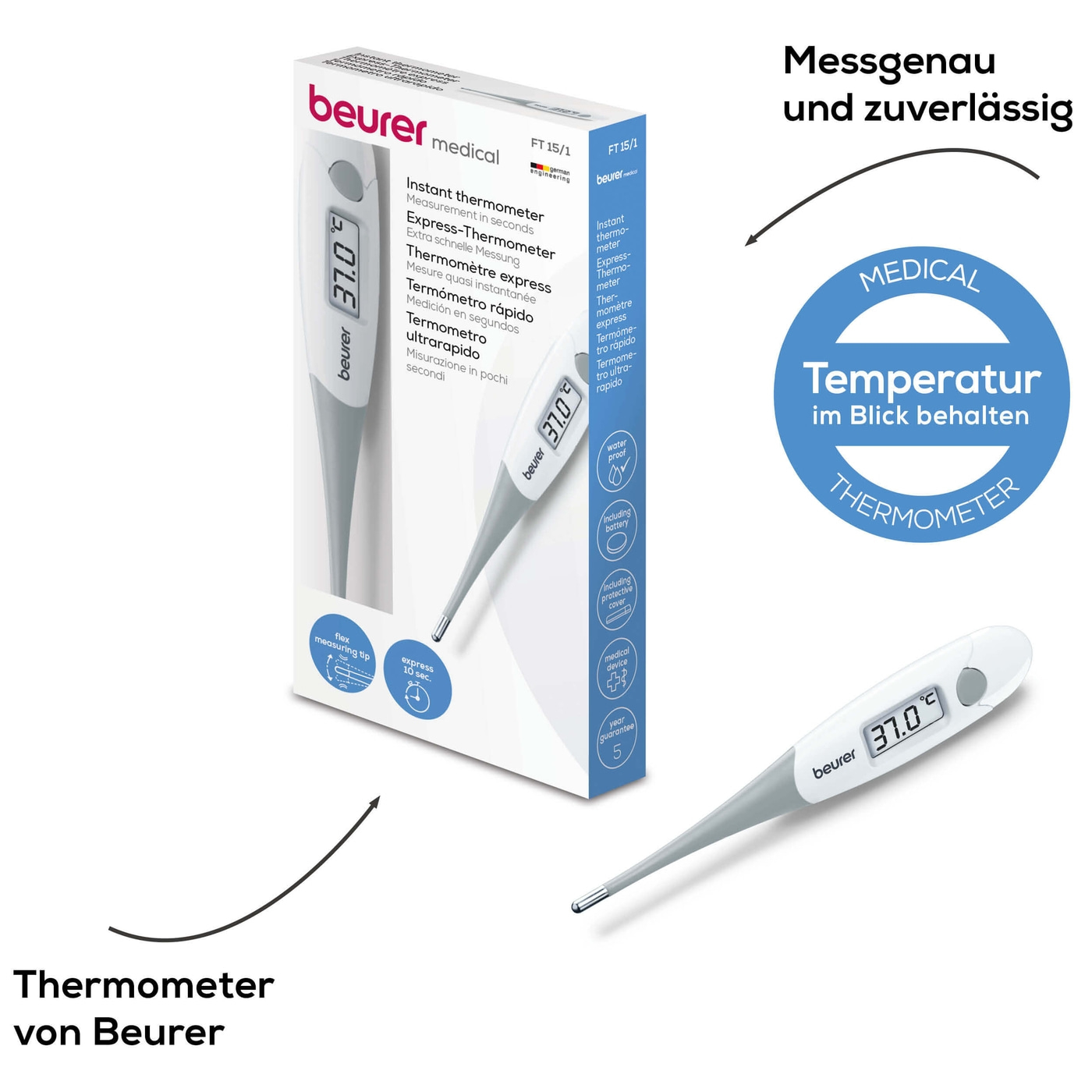 Beurer Express Thermometer FT 15/1-Fieberthermometer mit Kontakt-Messtechnik & kurzer Messzeit